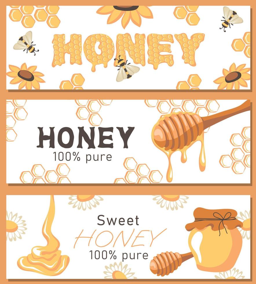 abeja dulce puro miel horizontal bandera conjunto vector