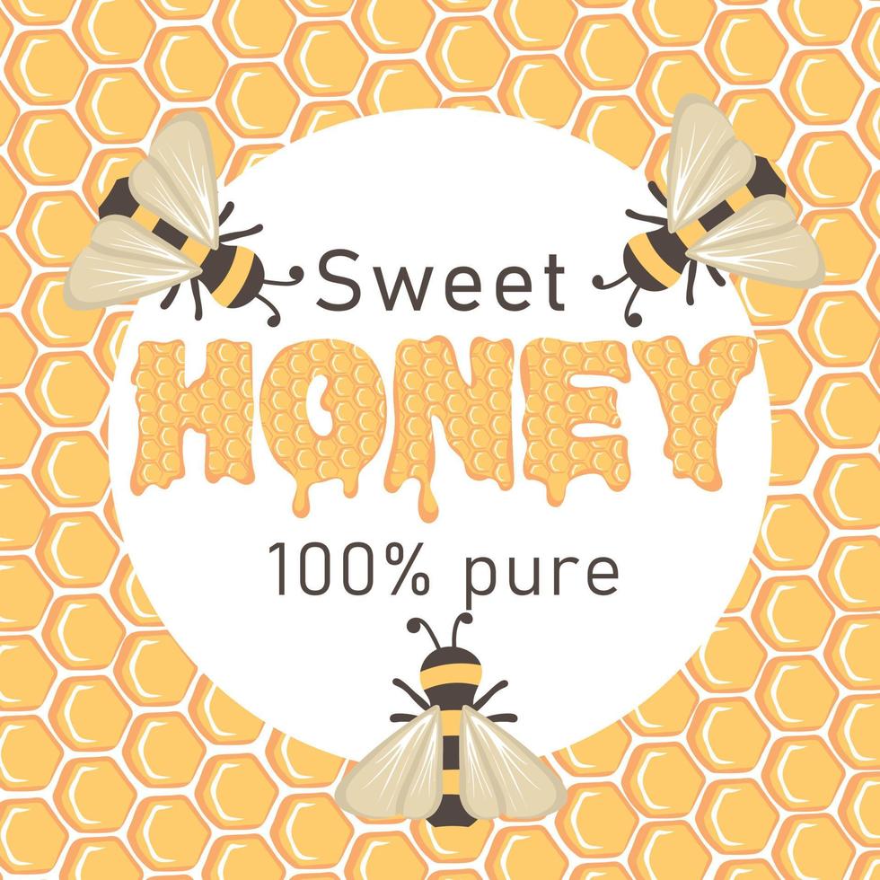 dulce puro Miel. miel bandera modelo con abejas y panales vector