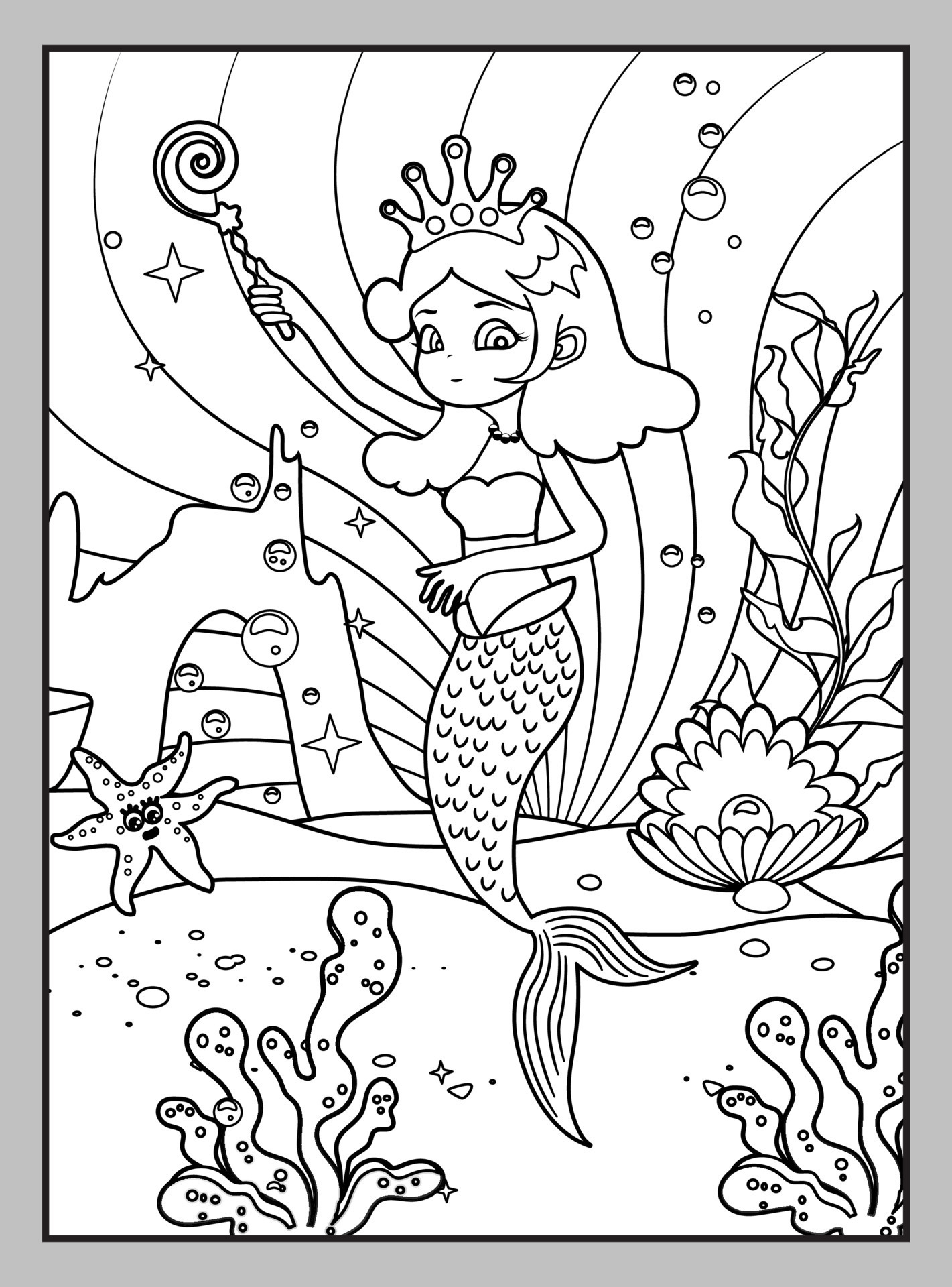 Cute Little Mermaid Coloring Page Vector Black And White Image Cute Little Mermaid Coloring Page Vector Black And White Image