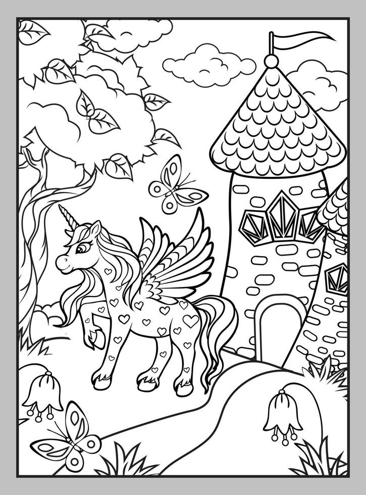 ute unicorn with hearts and a castle on a summer lawn. Coloring page. vector