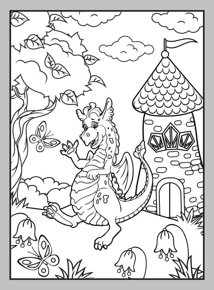 Cute cheerful dragon on a summer lawn with a tower. Coloring page. vector