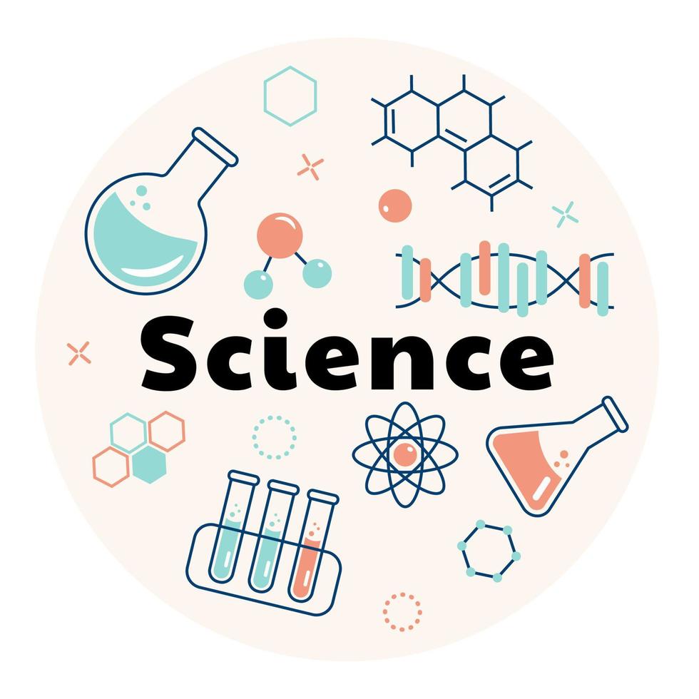 Banner on the topic of chemistry with flasks, test tubes, molecules. Vector flat illustration