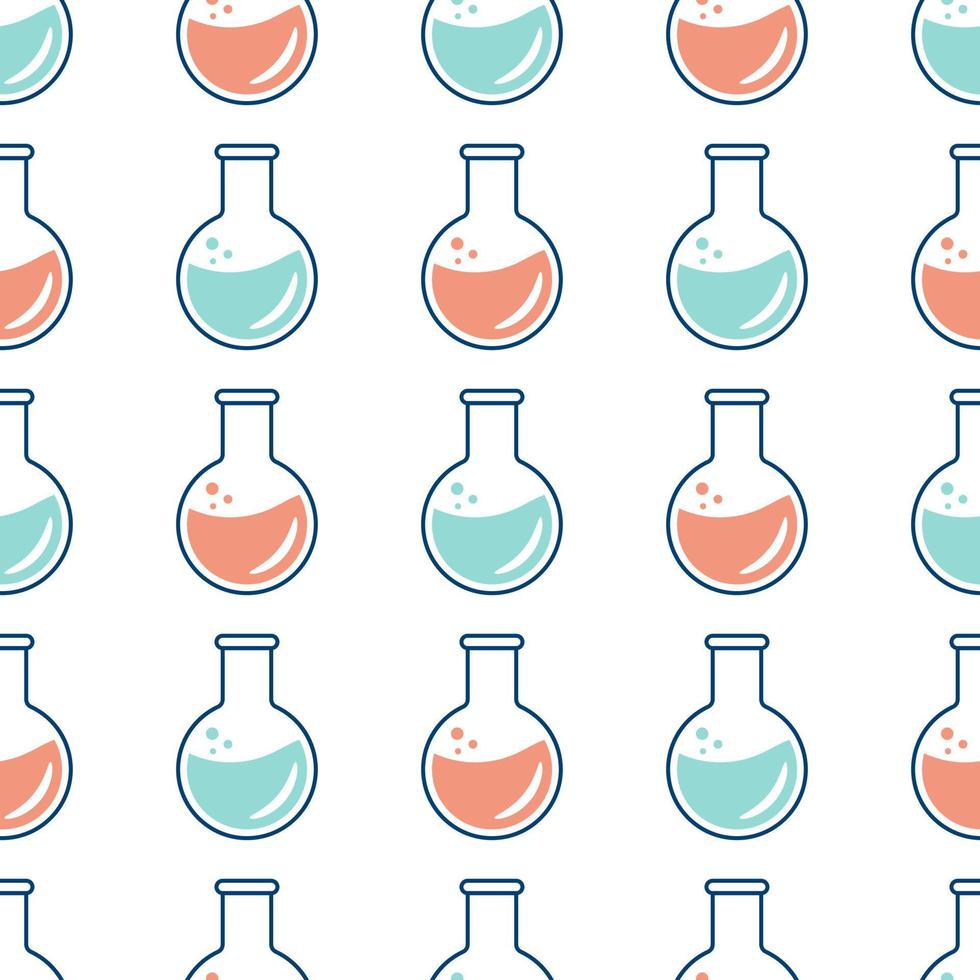 Seamless pattern on the topic of chemistry with flasks, test tubes, molecules vector