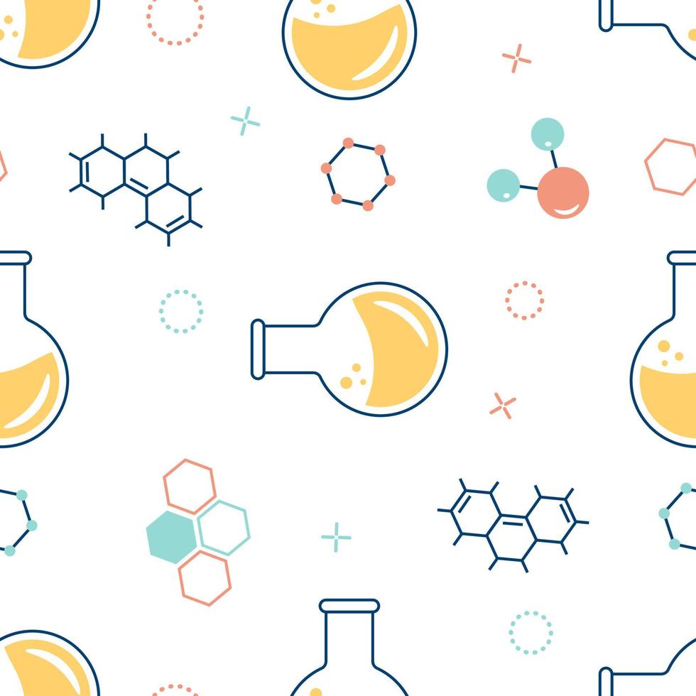 Seamless pattern on the topic of chemistry with flasks, test tubes, molecules vector