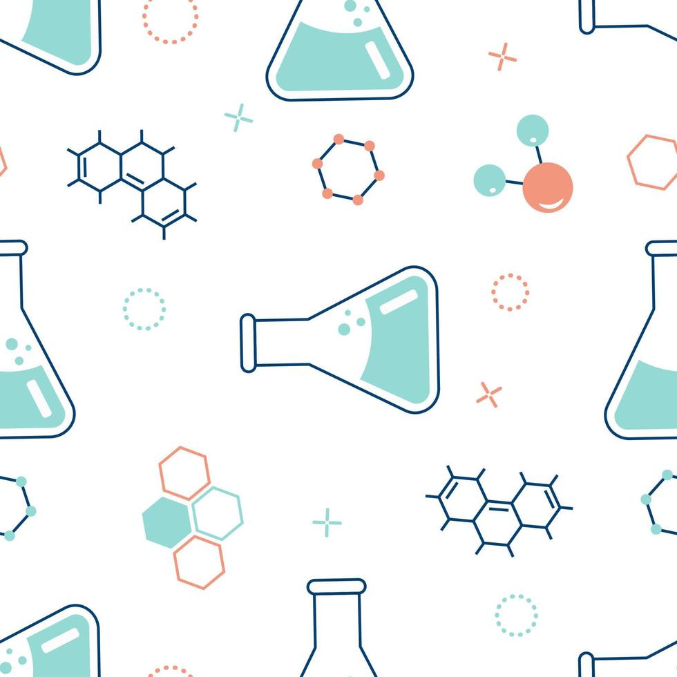 Seamless pattern on the topic of chemistry with flasks, test tubes, molecules vector