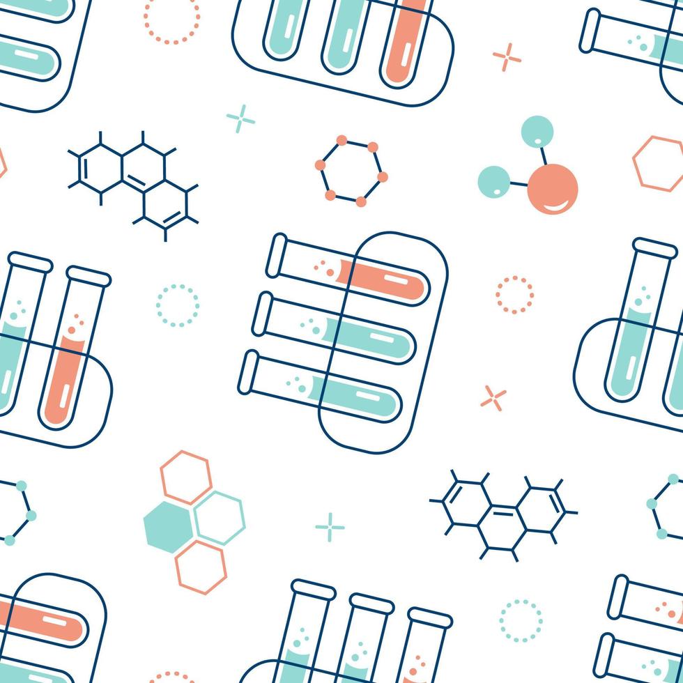 Seamless pattern on the topic of chemistry with flasks, test tubes, molecules vector