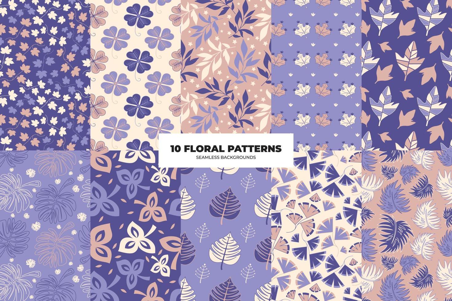 Floral seamless pattern set. Leaves and flowers in purple and lilac tones. Repeating vector backgrounds for paper, cover, fabric, interior decor and textile users. Vector illustration.