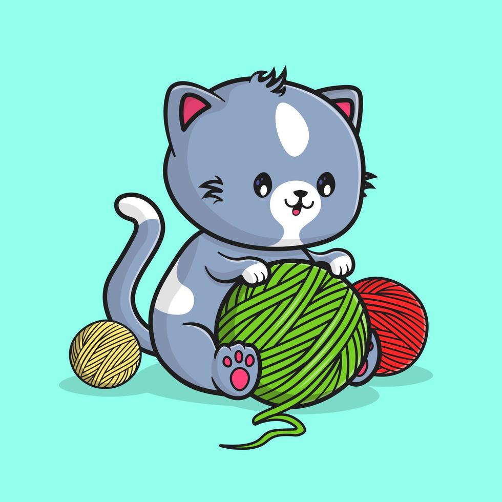 Cute cat holding yarn balls icon concept, isolated on blue background. Cat character flat cartoon style vector