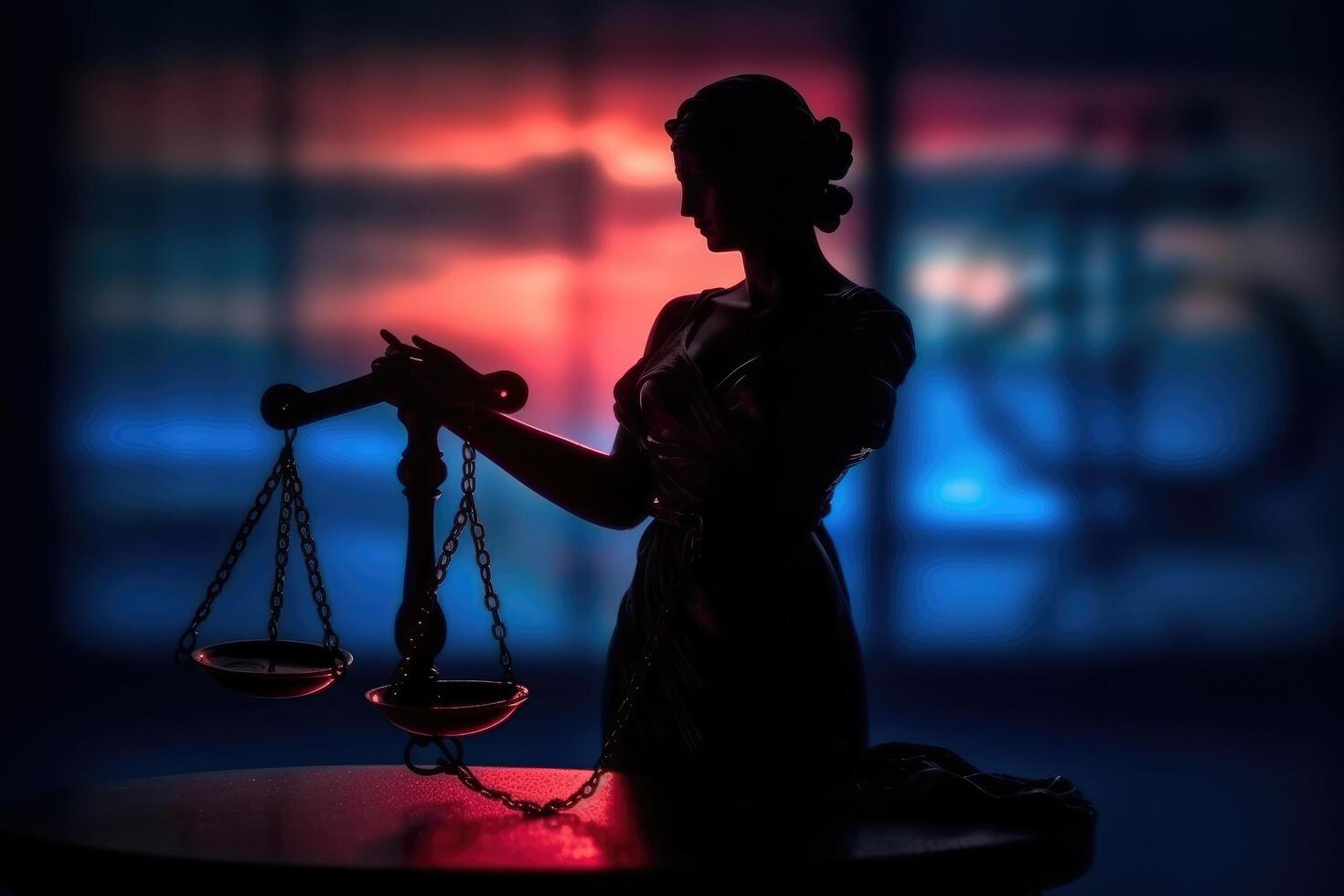 Legal law concept. Silhouette of The Statue of Justice on with lights at foggy background photo