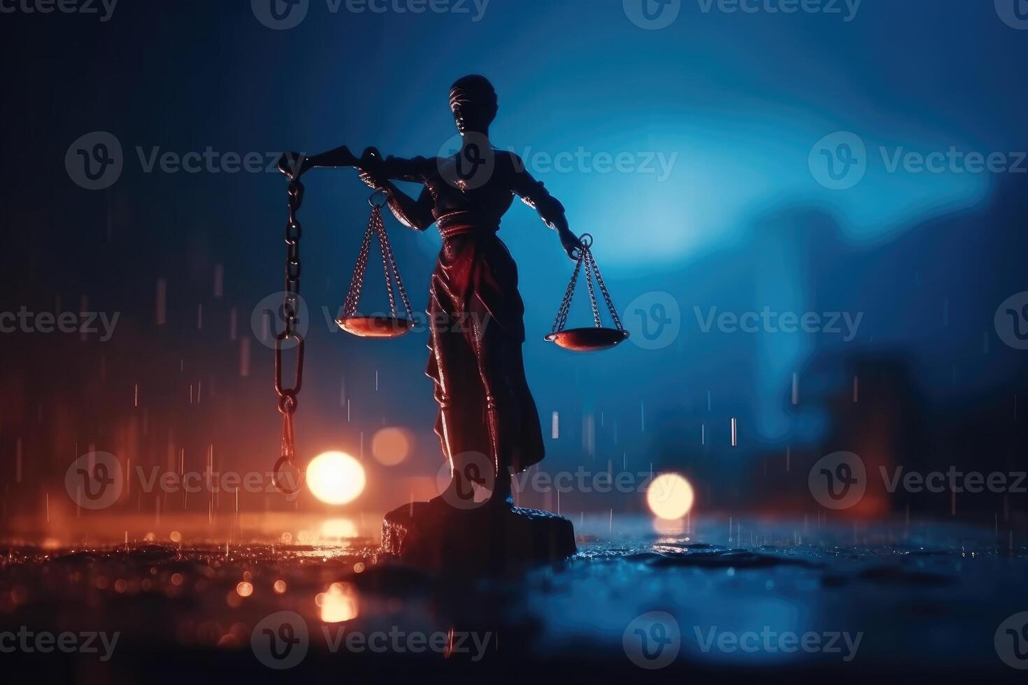 Legal law concept. Silhouette of The Statue of Justice on with lights at foggy background photo