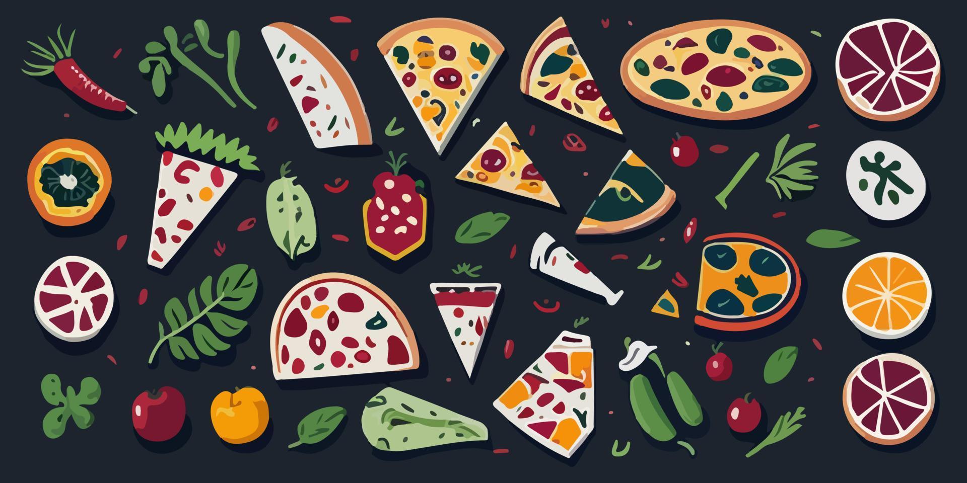 italiano estilo dibujos animados Pizza con Fresco coberturas, plano vector gráfico diseño