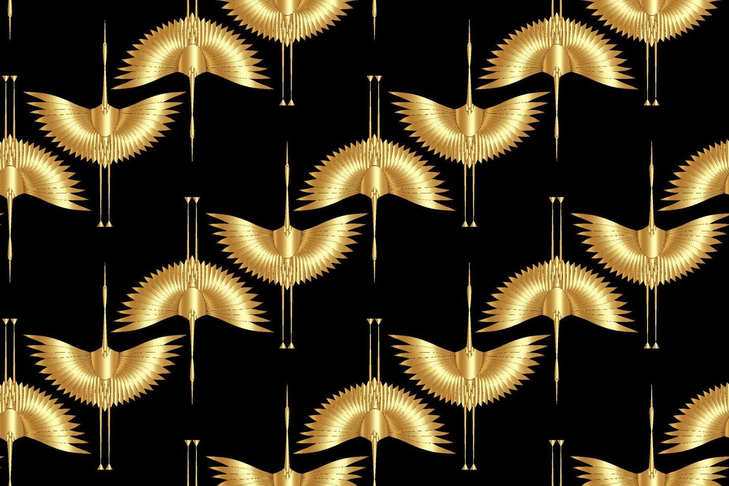 Gold Herons in Art Deco style. Seamless Pattern for interior decoration, textiles. Fashionable luxury home decor. Vector illustration golden texture isolated on black vintage background