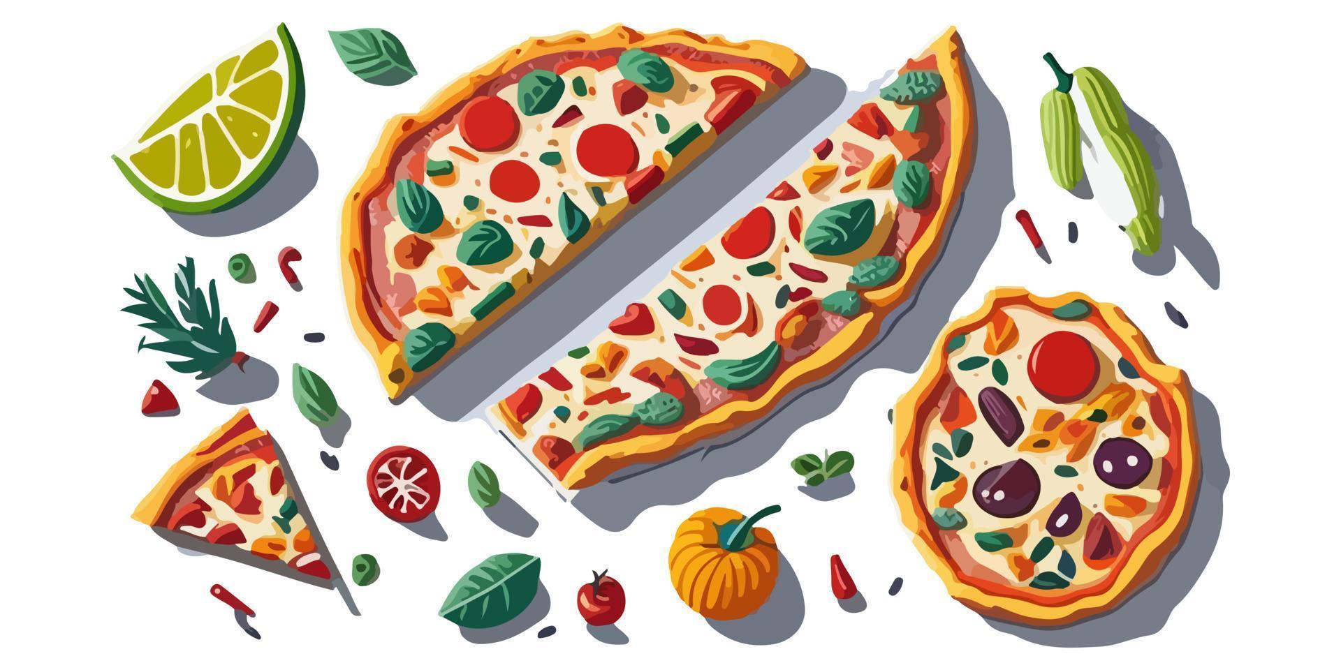 Cheese and Bacon Pizza with Fresh Toppings, Flat Vector Illustration