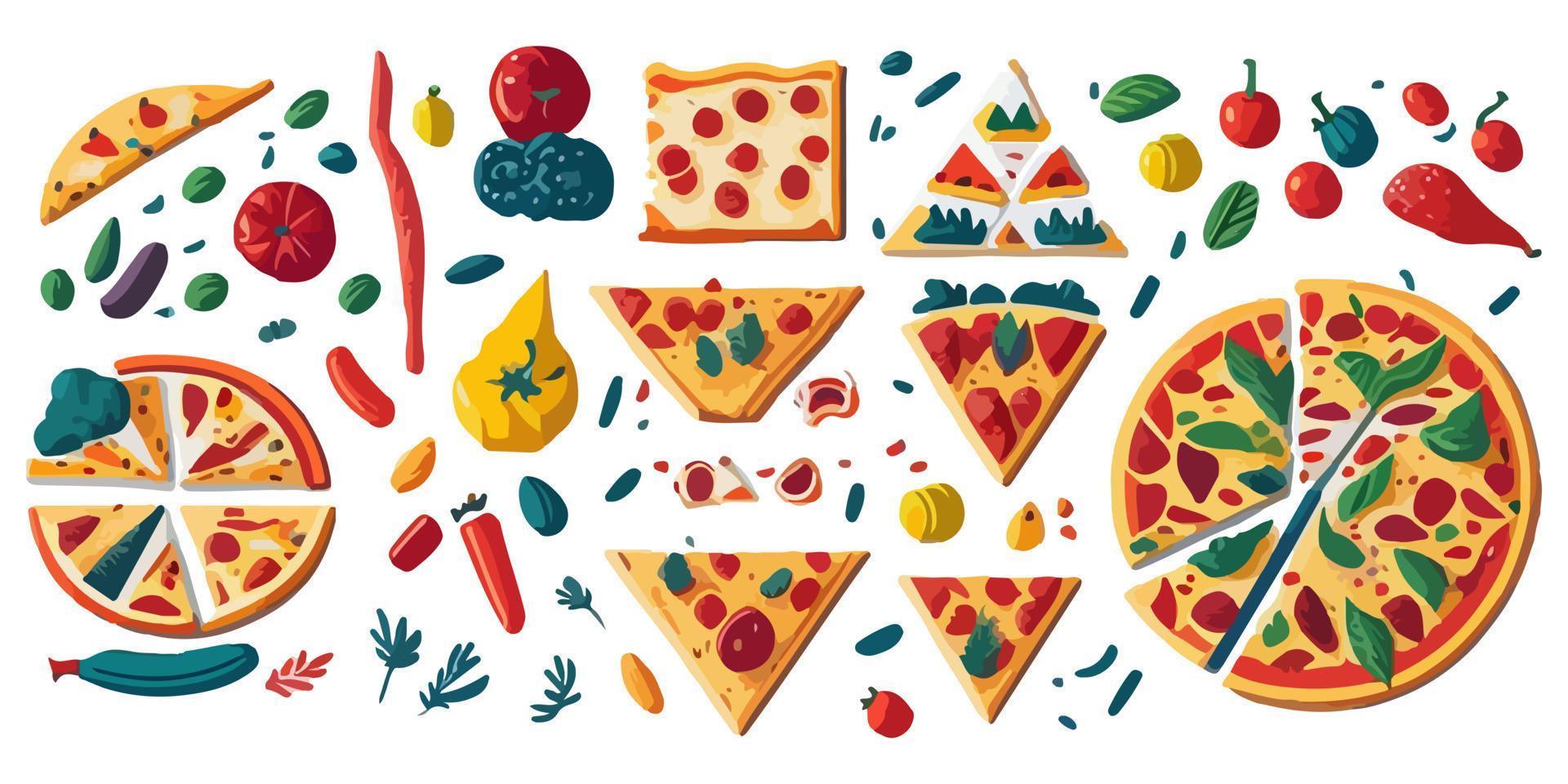 Tasty Pizza with Olives and Tomatoes, Flat Vector Design