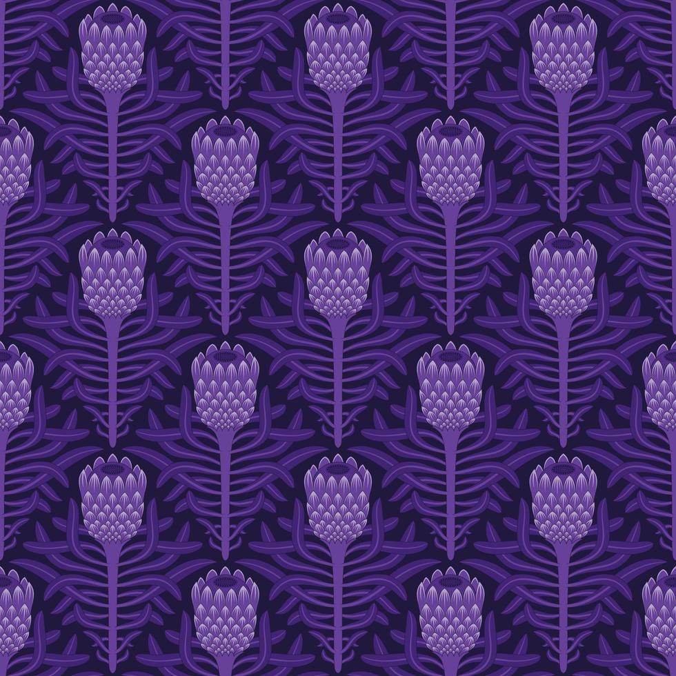 PURPLE SEAMLESS VECTOR BACKGROUND WITH STYLIZED BLOOMING PROTEA