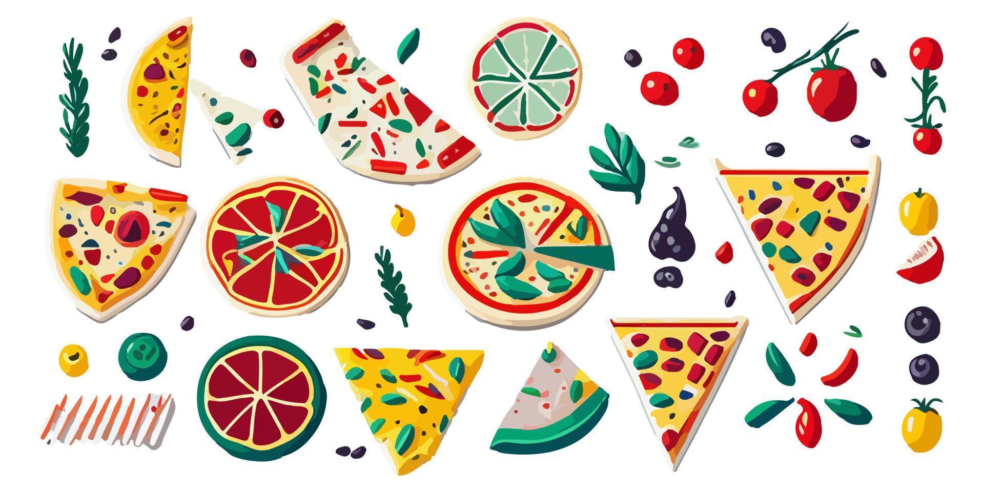 Tasty Pizza with Olives and Tomatoes, Flat Vector Design