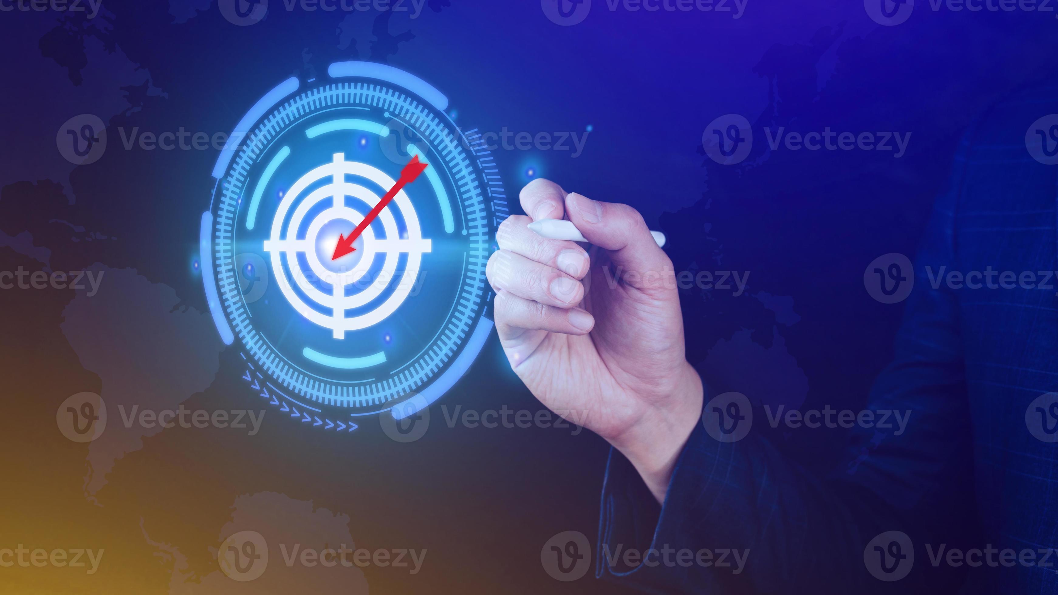 Businessman touching virtual dartboard with red arrow ,Business