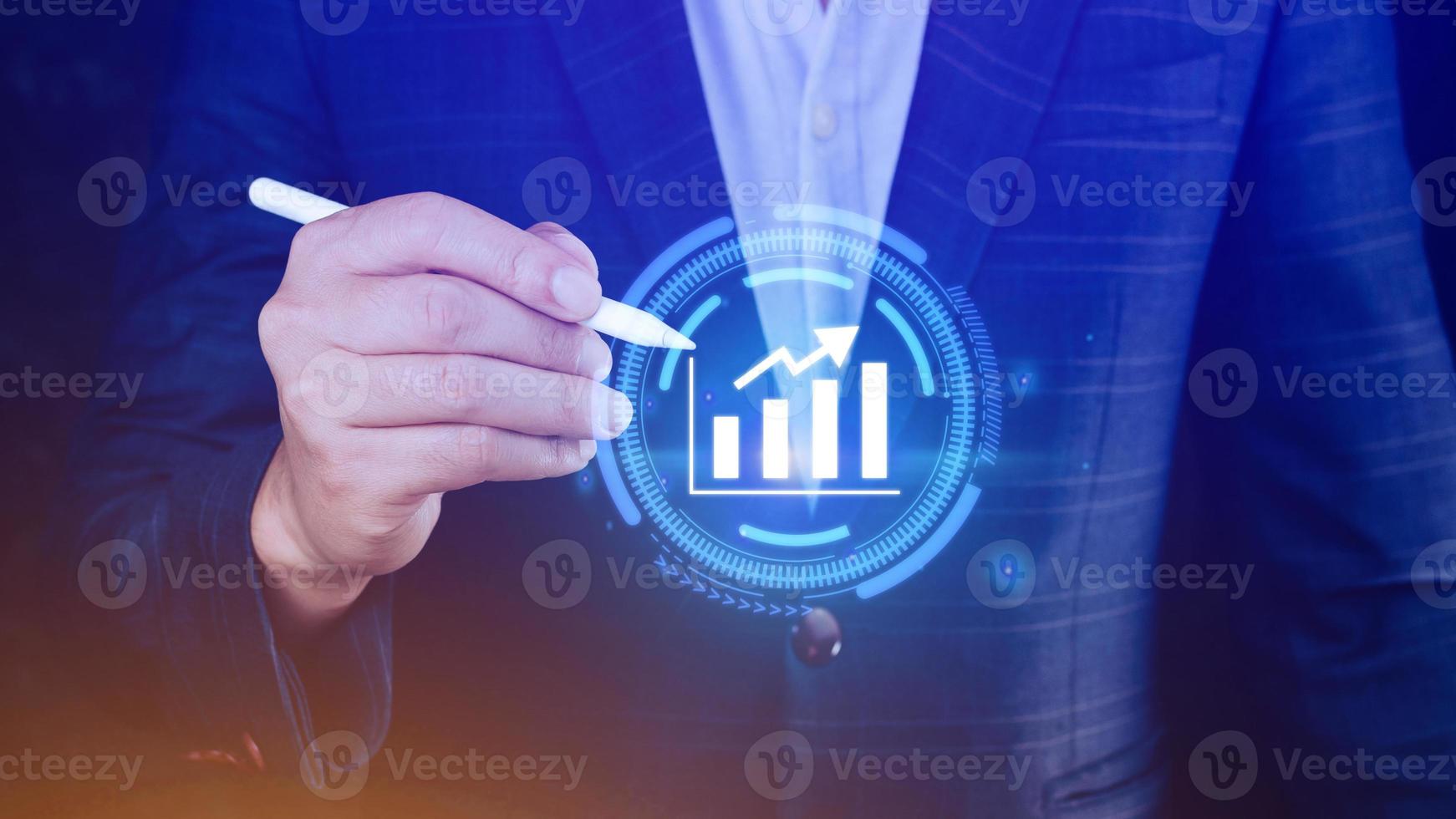 Big data analytics and business intelligence BI concept with chart and graph icons on digital screen interface and business people in the background. photo