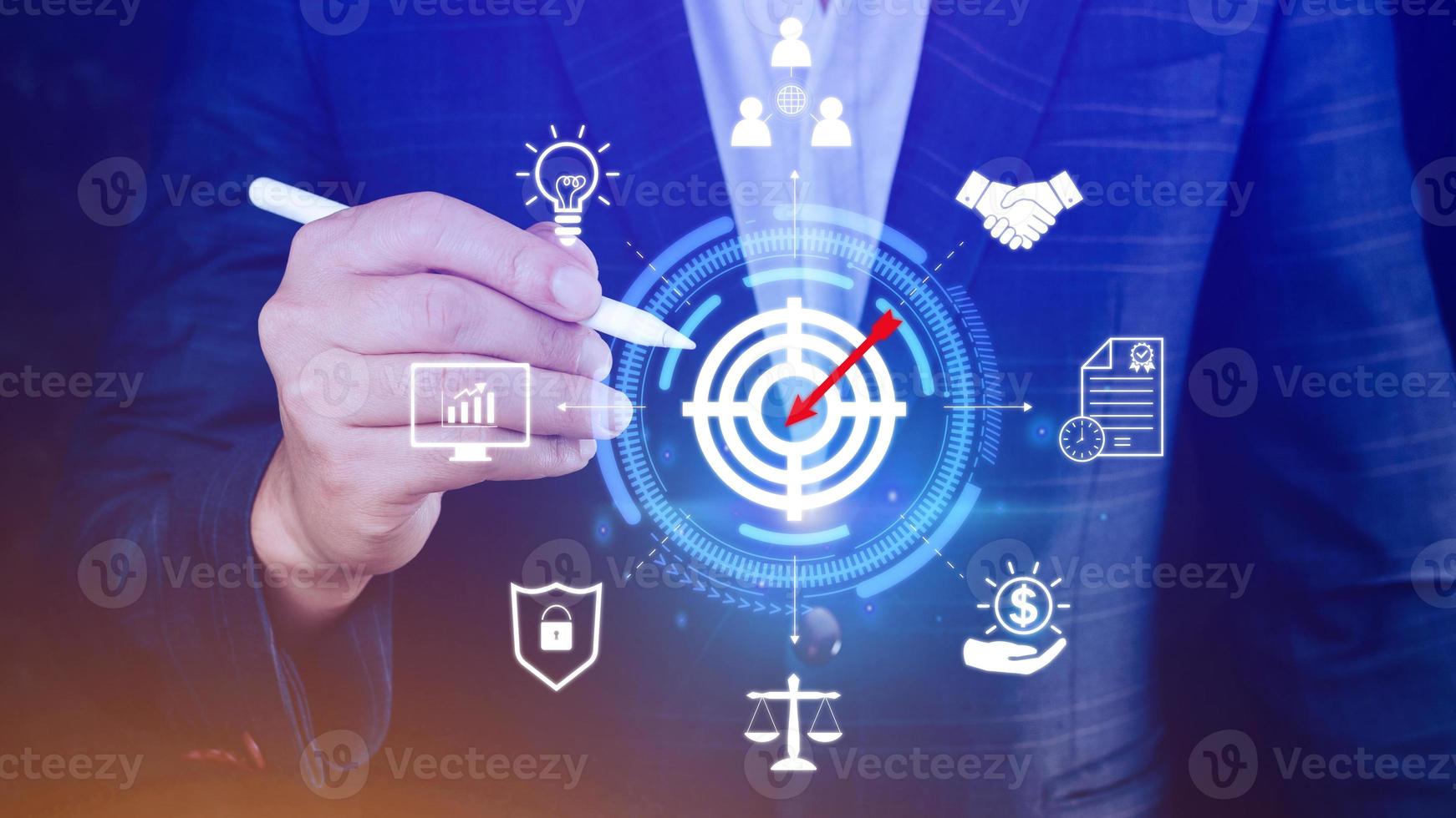 Businessman touching virtual dartboard with arrow icon virtual screen, Digital target marketing advertising and sales increase business technology concept, online marketing, Business online. photo