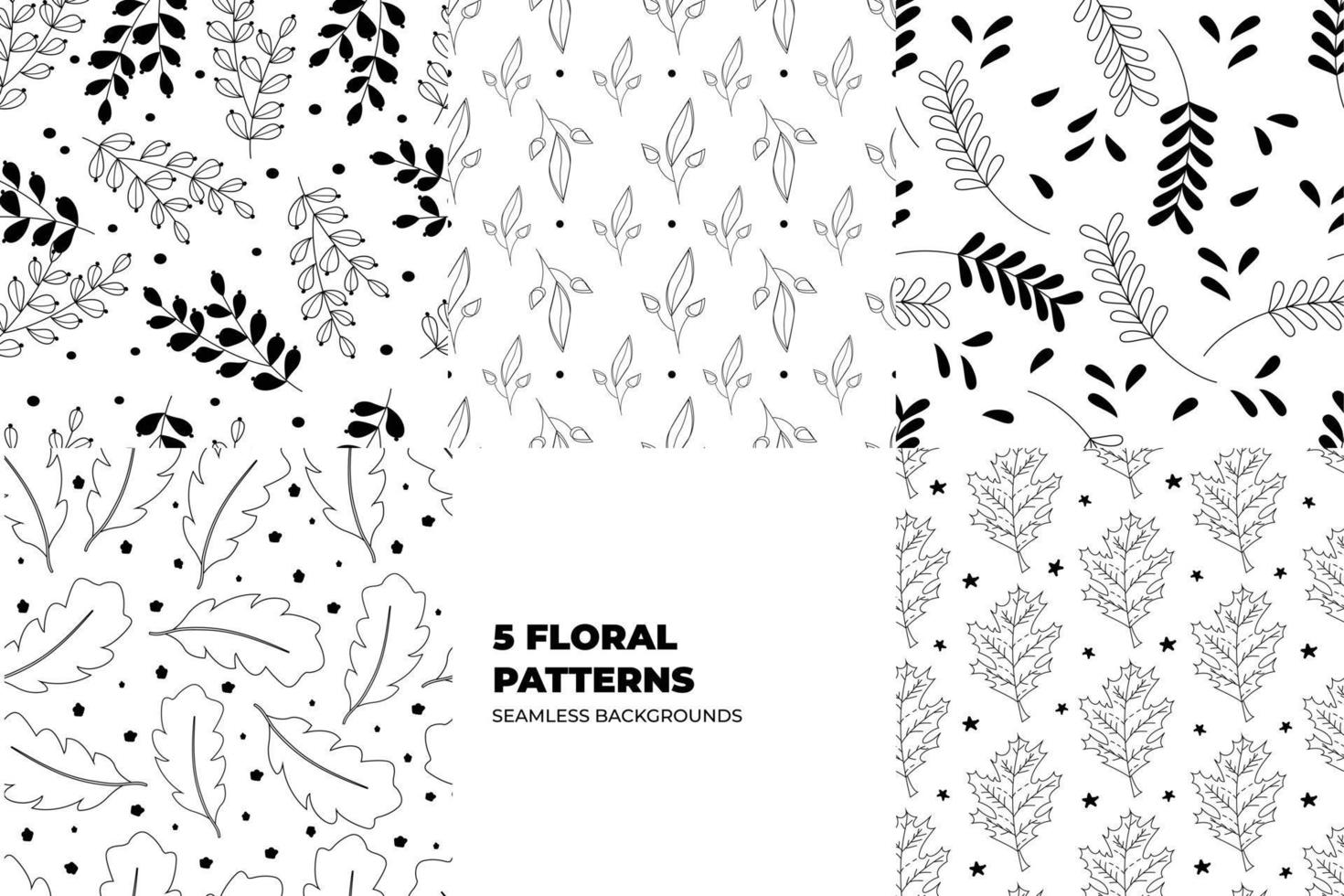 Floral seamless patterns. Leaves and flowers in black and white tones. Repeating vector design for paper, cover, fabric, interior decor and textile users. Vector illustration.