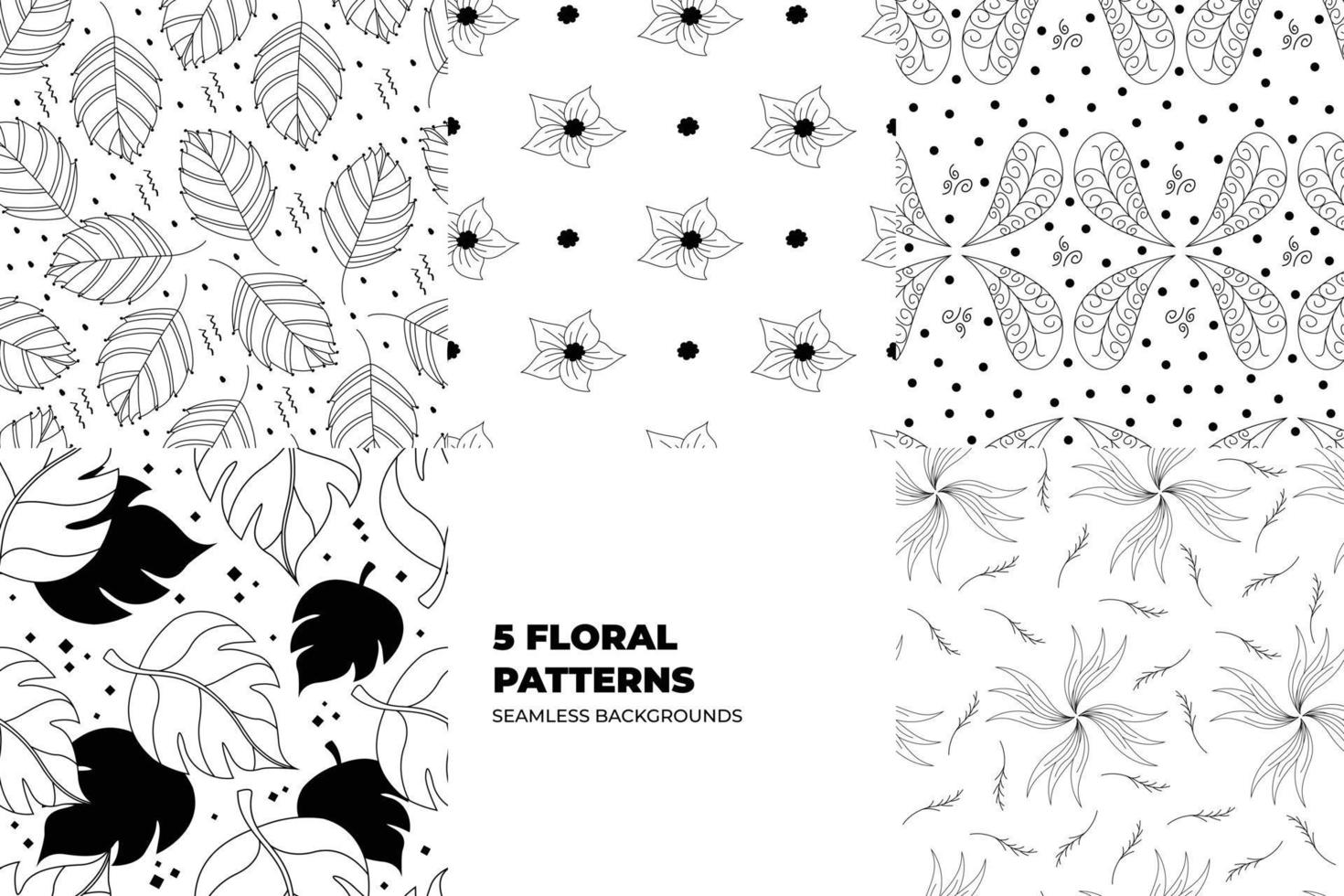 Floral seamless patterns. Leaves and flowers in black and white tones. Repeating vector design for paper, cover, fabric, interior decor and textile users. Vector illustration.