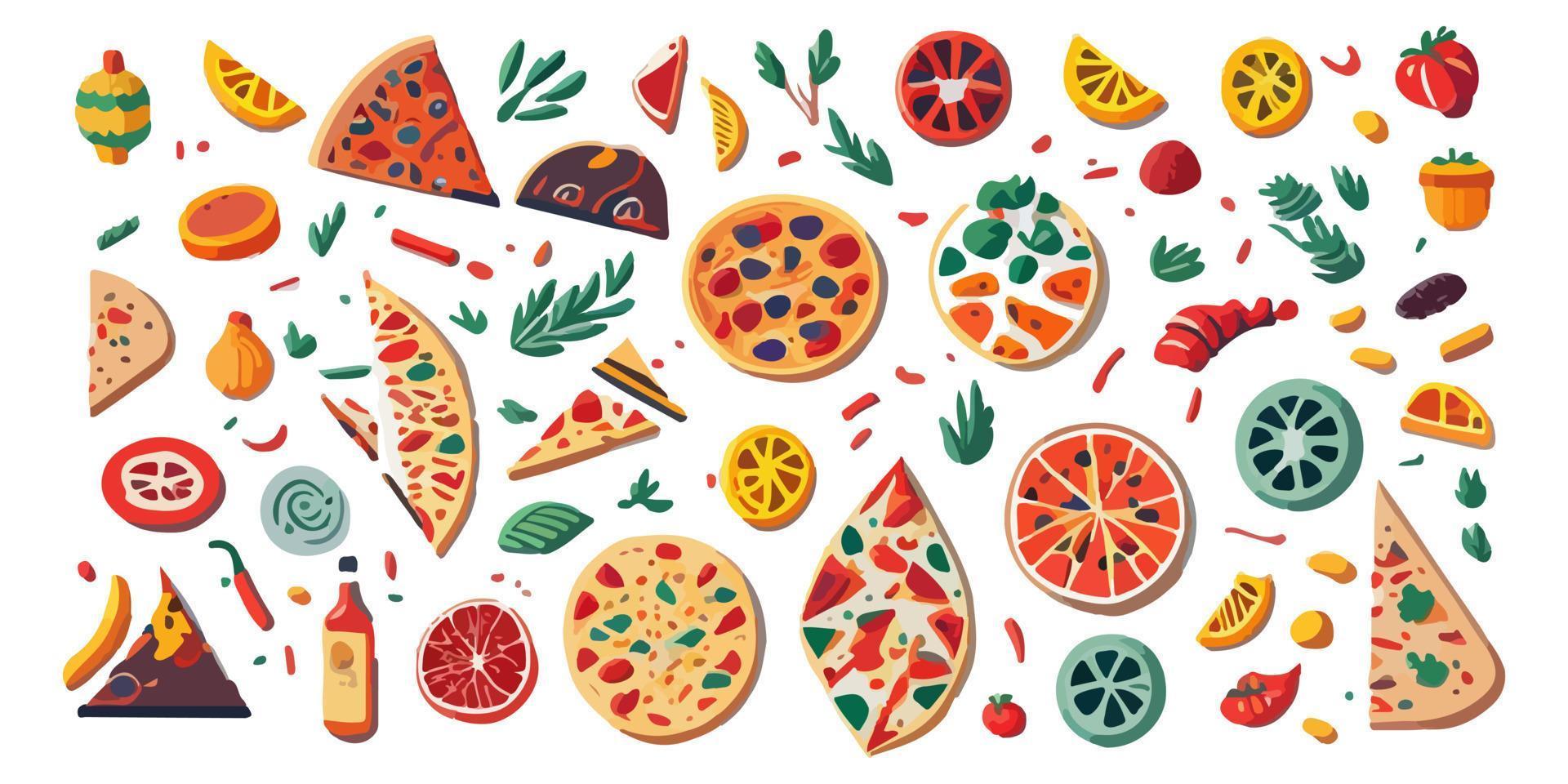 rápido comida póster con dibujos animados Pizza personaje y sabroso coberturas vector