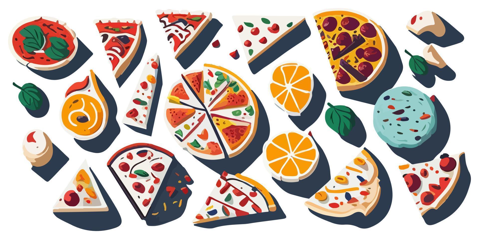 un variedad de coberturas en estos plano vector Pizza rebanadas para tu inspiración