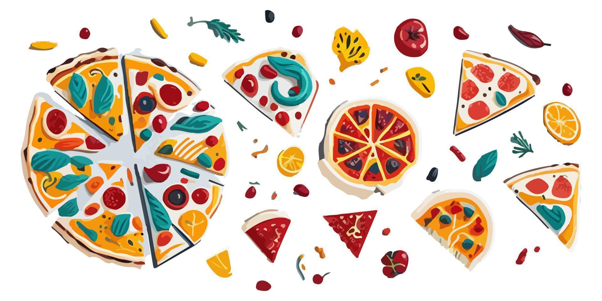 A variety of toppings on these flat vector pizza illustrations for your menu