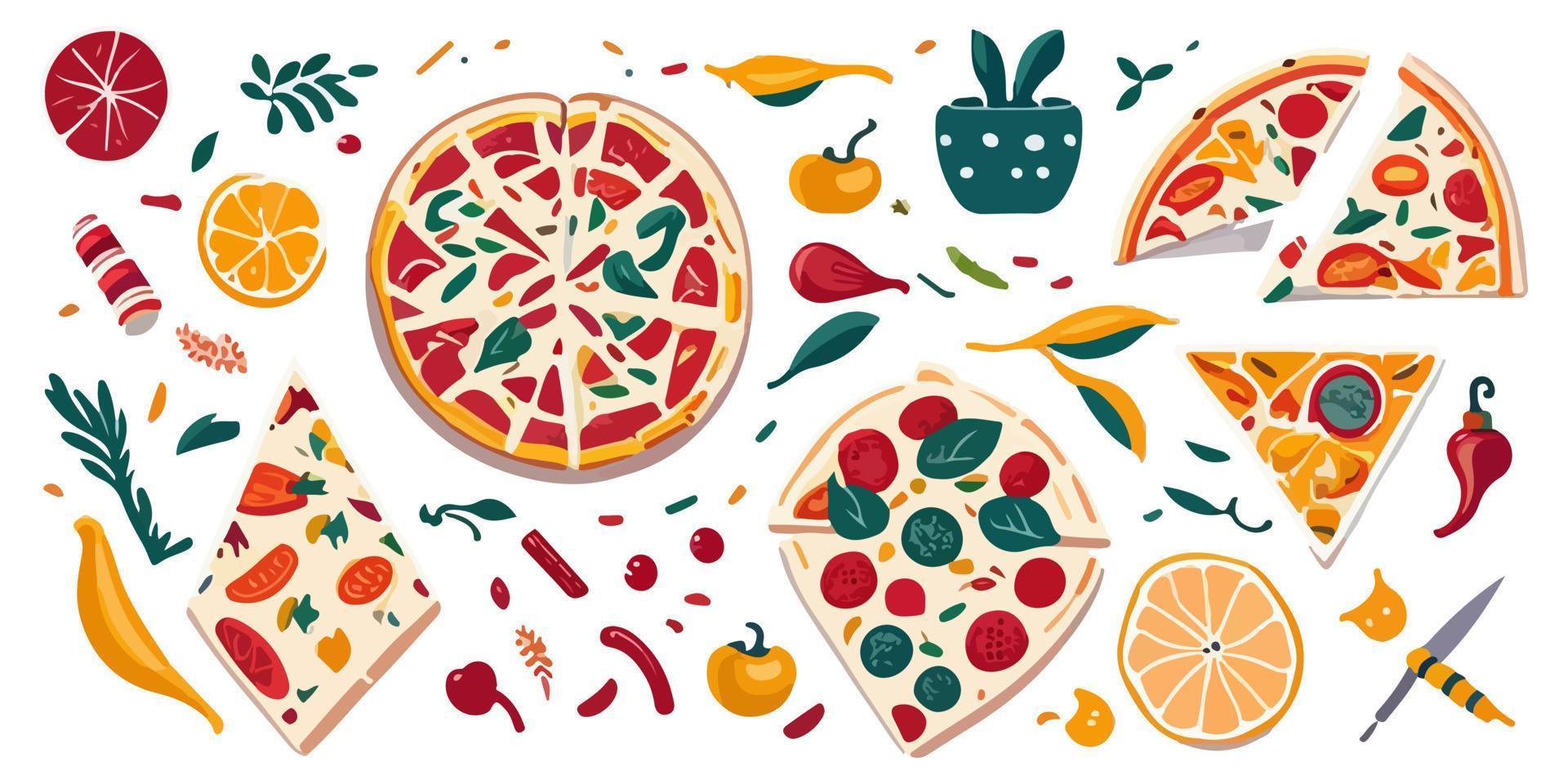 Delicious toppings on these flat vector pizza slices for your design needs