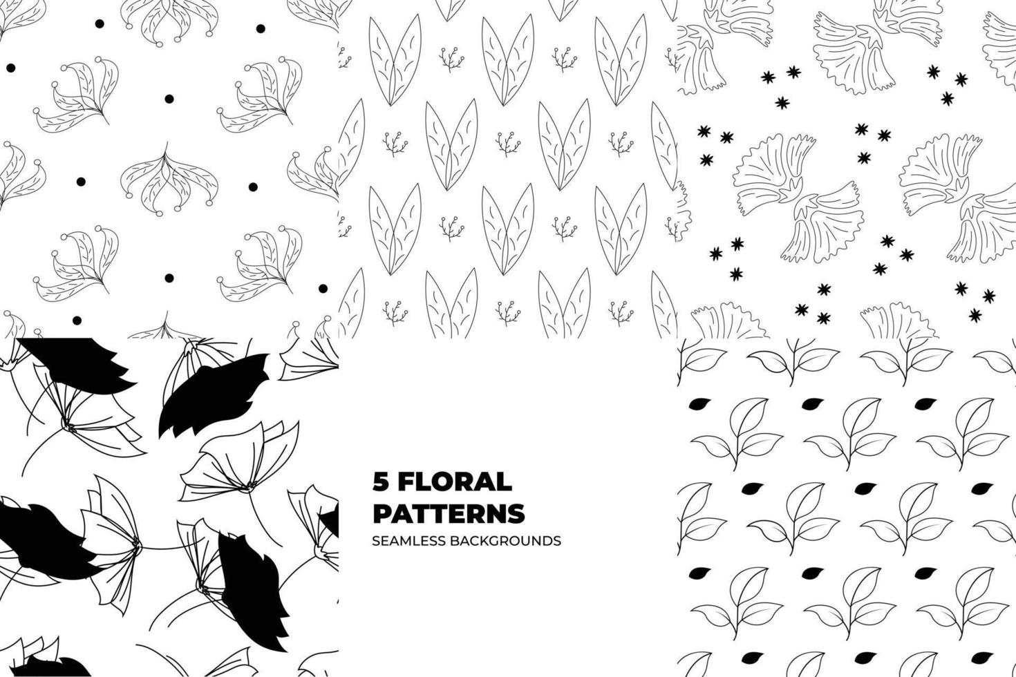 Floral seamless patterns. Leaves and flowers in black and white tones. Repeating vector design for paper, cover, fabric, interior decor and textile users. Vector illustration.