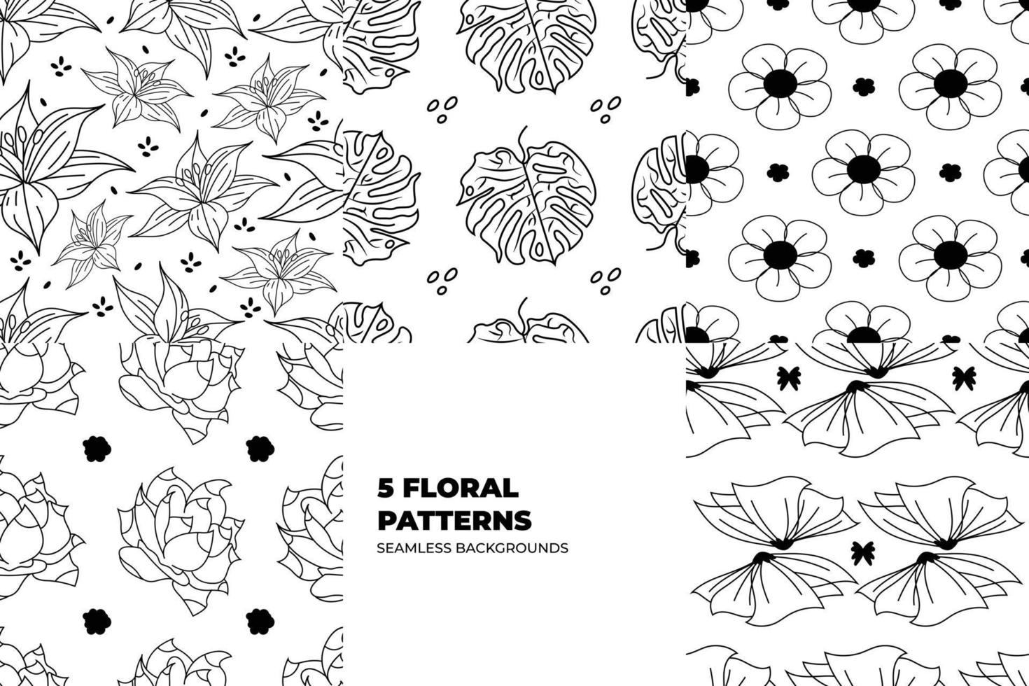 Vintage style blooming flowers and leaves background set. Floral seamless patterns for fabric, fashion and wallpapers. Artistic doodles on the colorful backdrops. Scandinavian vector style.