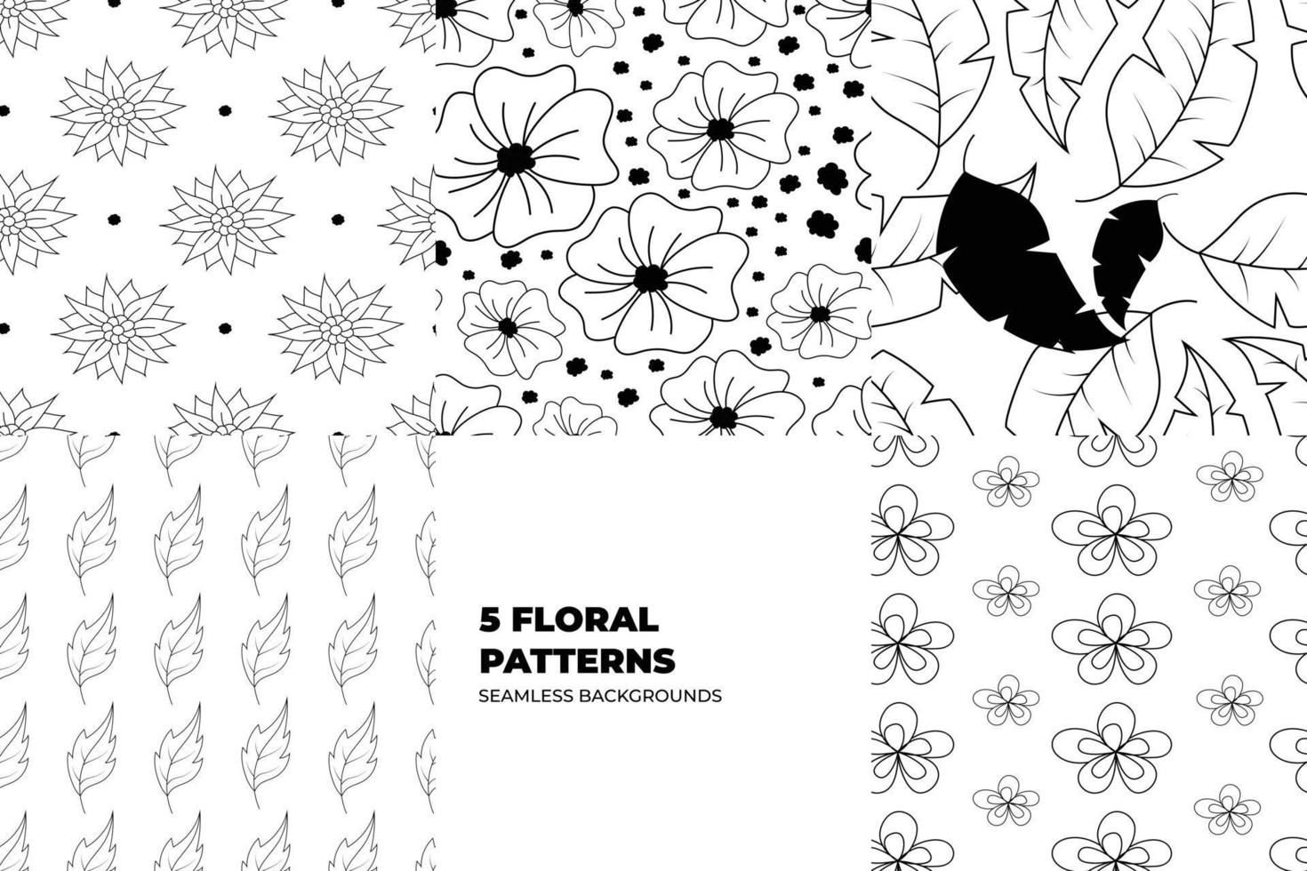 Vintage style blooming flowers and leaves background set. Floral seamless patterns for fabric, fashion and wallpapers. Artistic doodles on the colorful backdrops. Scandinavian vector style.