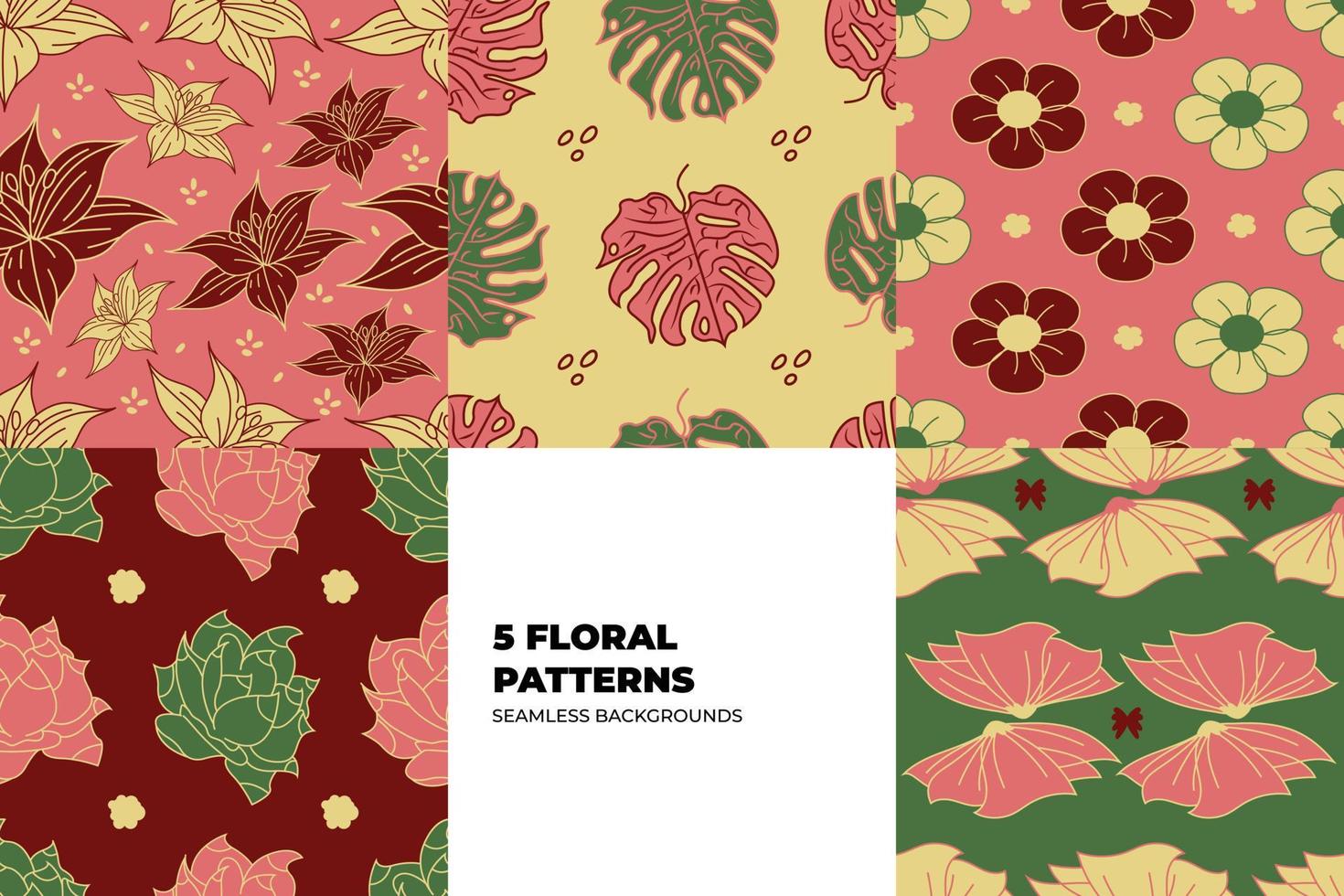 Vintage style blooming flowers and leaves background set. Floral seamless patterns for fabric, fashion and wallpapers. Artistic doodles on the colorful backdrops. Scandinavian vector style.