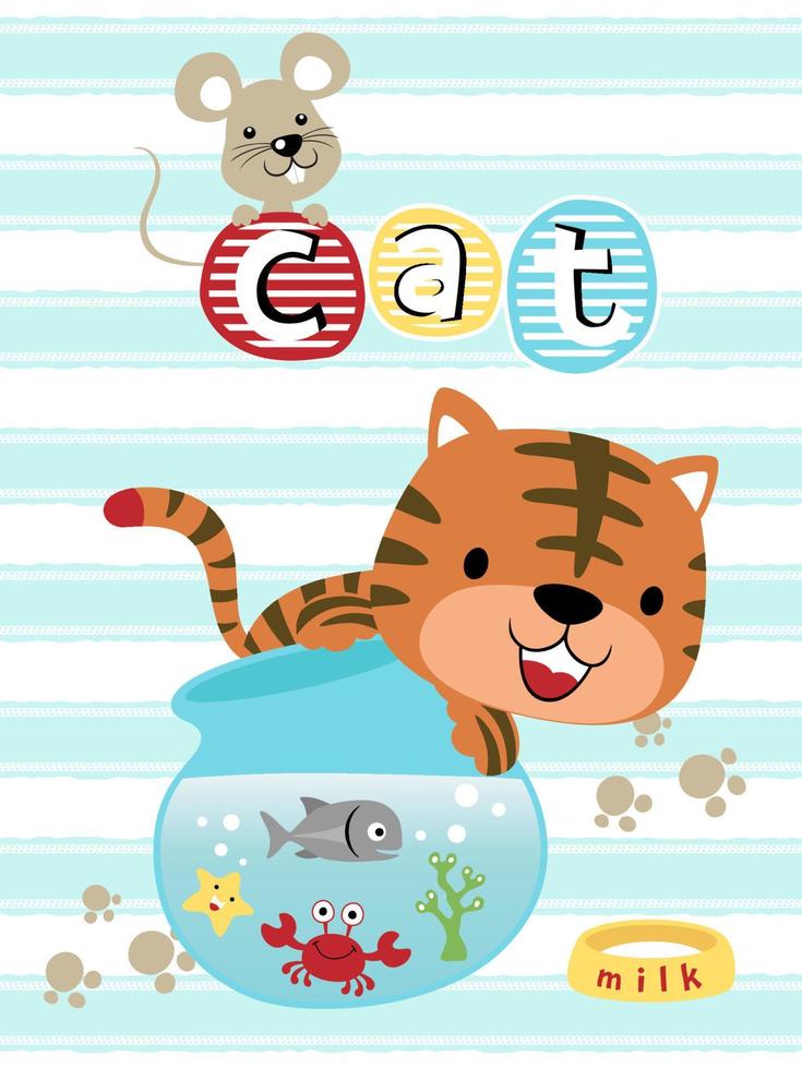 Vector cartoon of cute kitten hugging fish jar. Pets element illustration