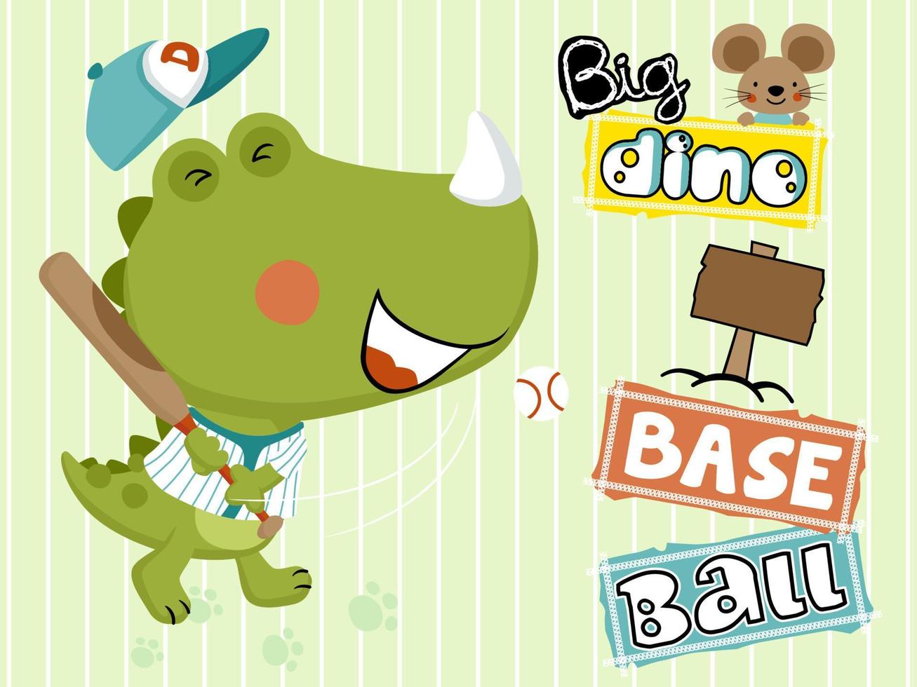 gracioso dinosaurio dibujos animados jugando béisbol con pequeño ratón vector