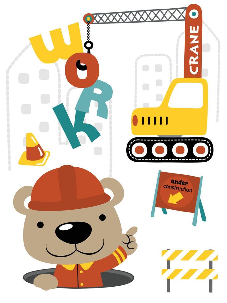 Funny bear cartoon in worker costume with construction vehicle, construction element illustration vector