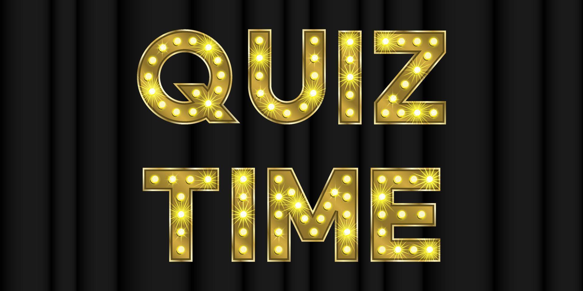 Gold quiz time font for show game typography. Curtains background with golden trivia text with light effect. Banner template for contest showtime illustration. Bright vector retro carnival element.