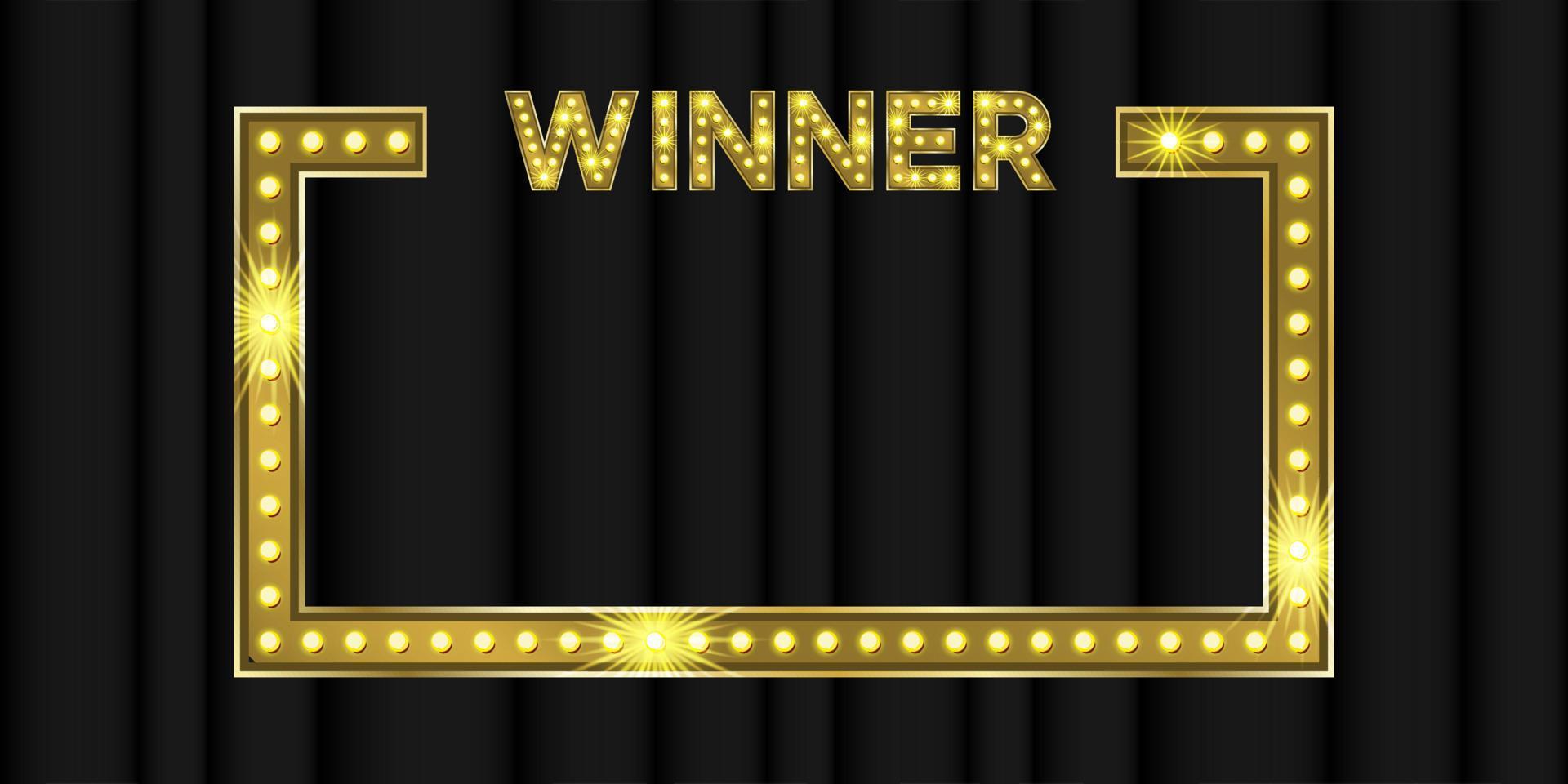 Winner frame for quiz night game award banner. Neon win in contest question 3d vector illustration. Giveaway challenge gold text notification design with bulb light. Web test label for give away.