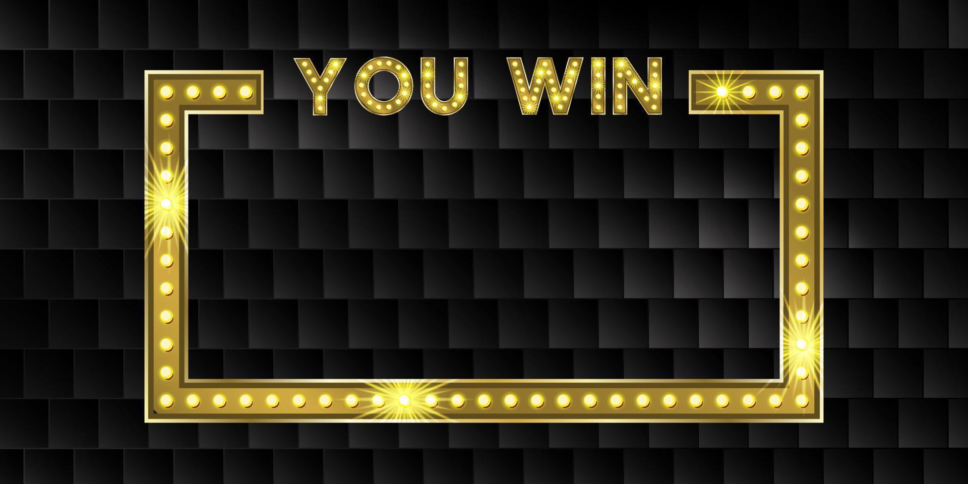 Winner gold frame background for quiz night game show. Marquee contest win award neon notification. Black tile vector illustration for giveaway bonus notification. Casino label tag with bulb light.