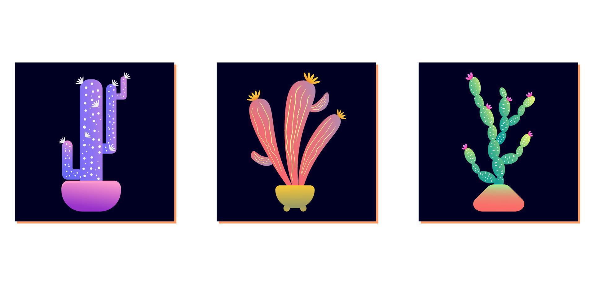 Set of three wall arts with cactus illustrations vector