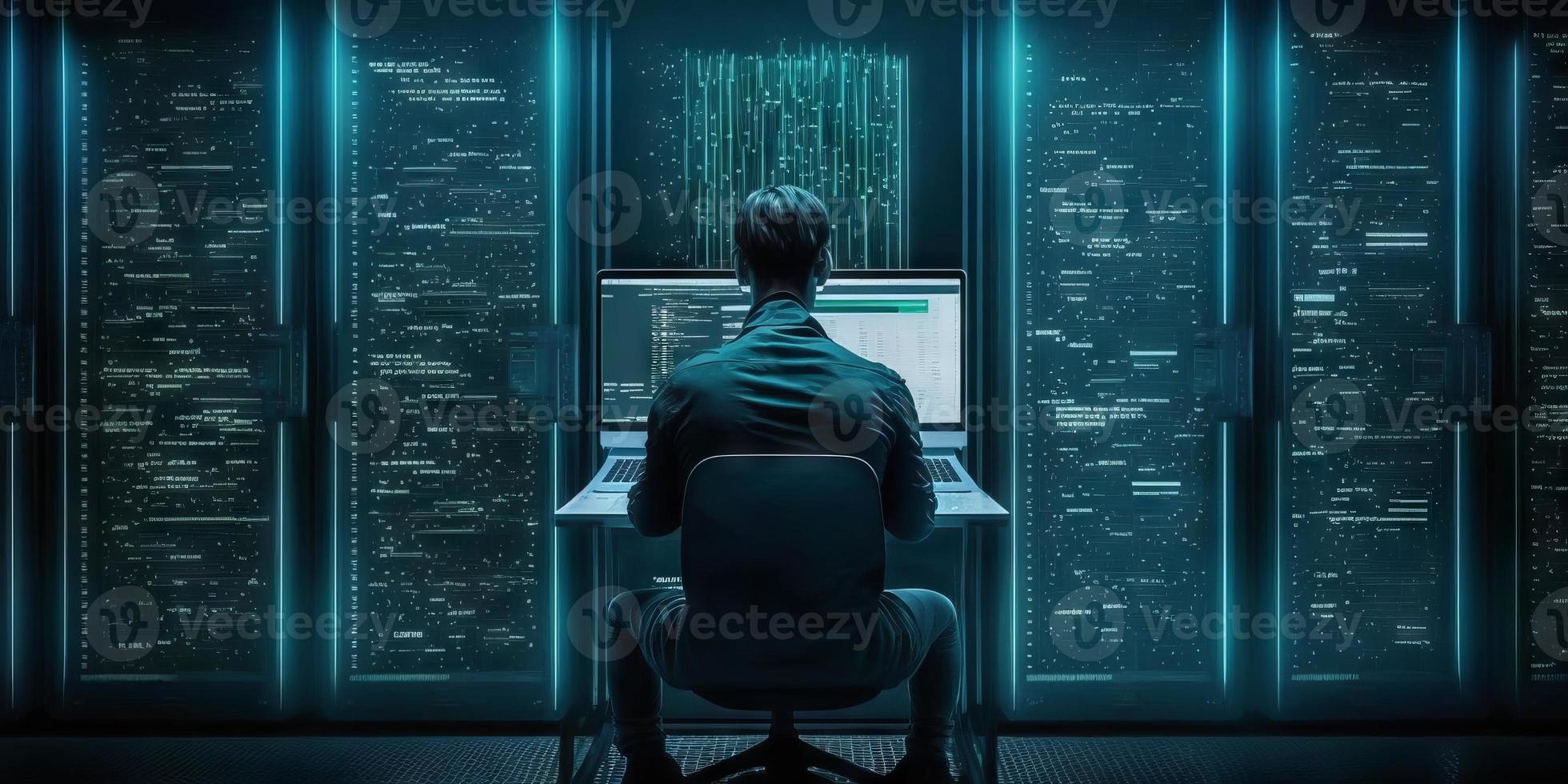 Computer engineer working on laptop computer with server room, data center, big data storage as backgrounds, digital technology, database, IT support, telecommunication, internet network technology photo