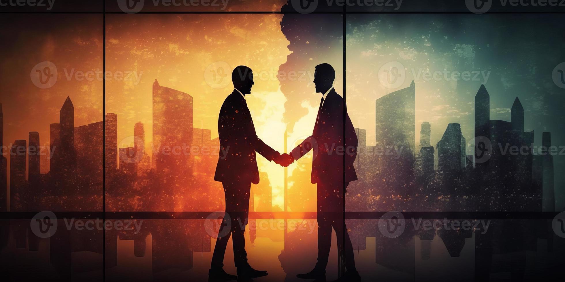 Businessmen making handshake with partner, greeting, dealing, merger and acquisition, business cooperation concept, panoramic banner, copy space for business, finance and investment background photo