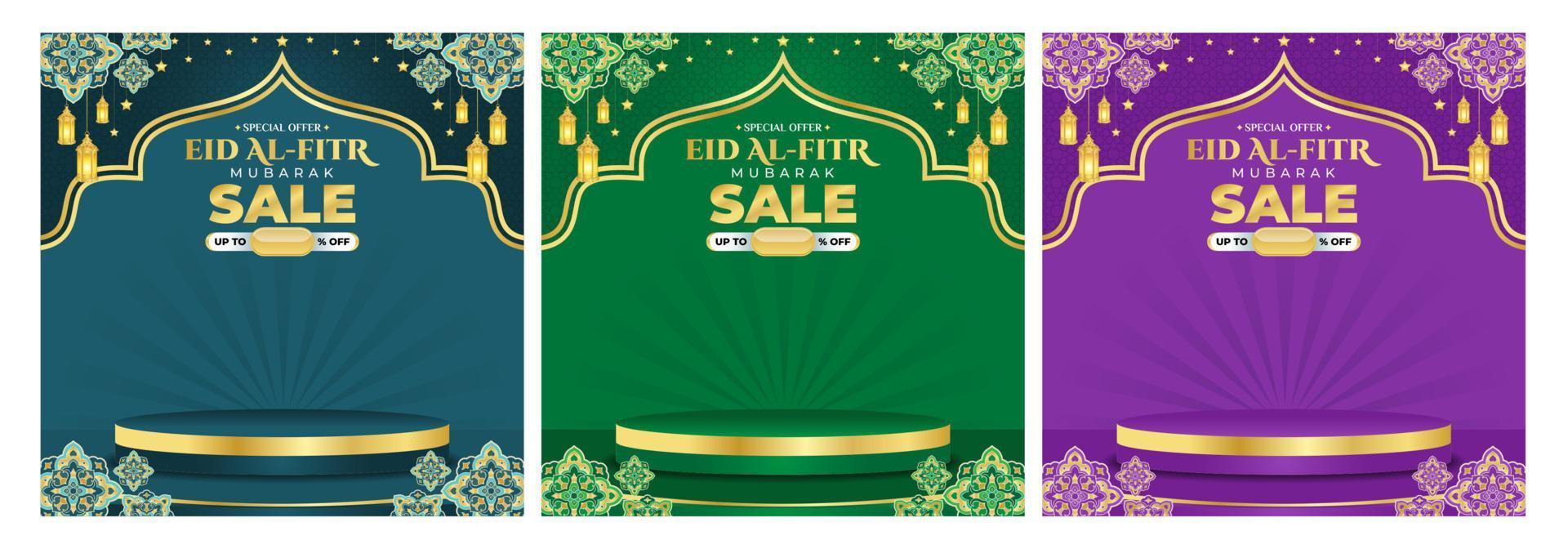 Eid al fitr mubarak sale template for background, product photo, banner, poster, cover design, envelope, social media feed. Ramadan Kareem 2023 greeting concept with podium vector