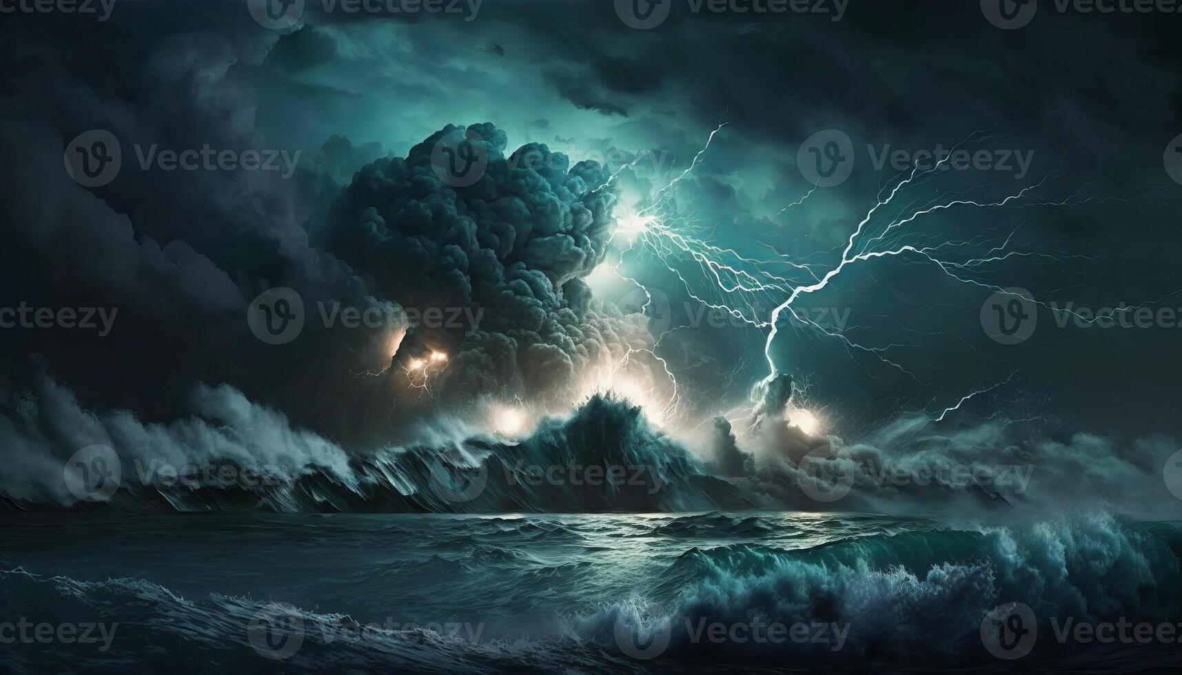 Bright lightning in a raging sea. A strong storm in the ocean. Big waves. Night thunderstorm. photo