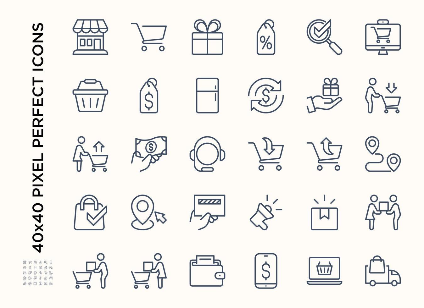 Simple set of Shopping icon set. Contains such Icons as Shop, Trolley, Payment , Wallet, Discount. Editable stroke vector