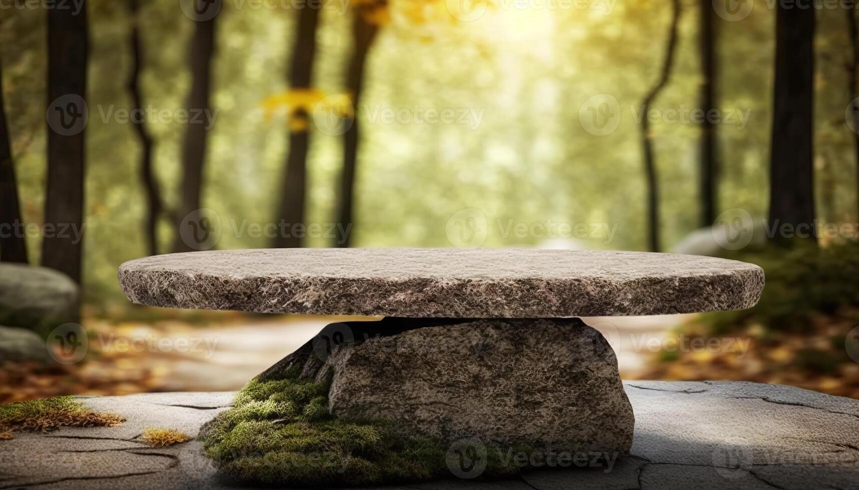 Roca tablero vacío mesa en frente de borroso antecedentes. perspectiva marrón Roca terminado difuminar arboles en bosque. generativo ai foto