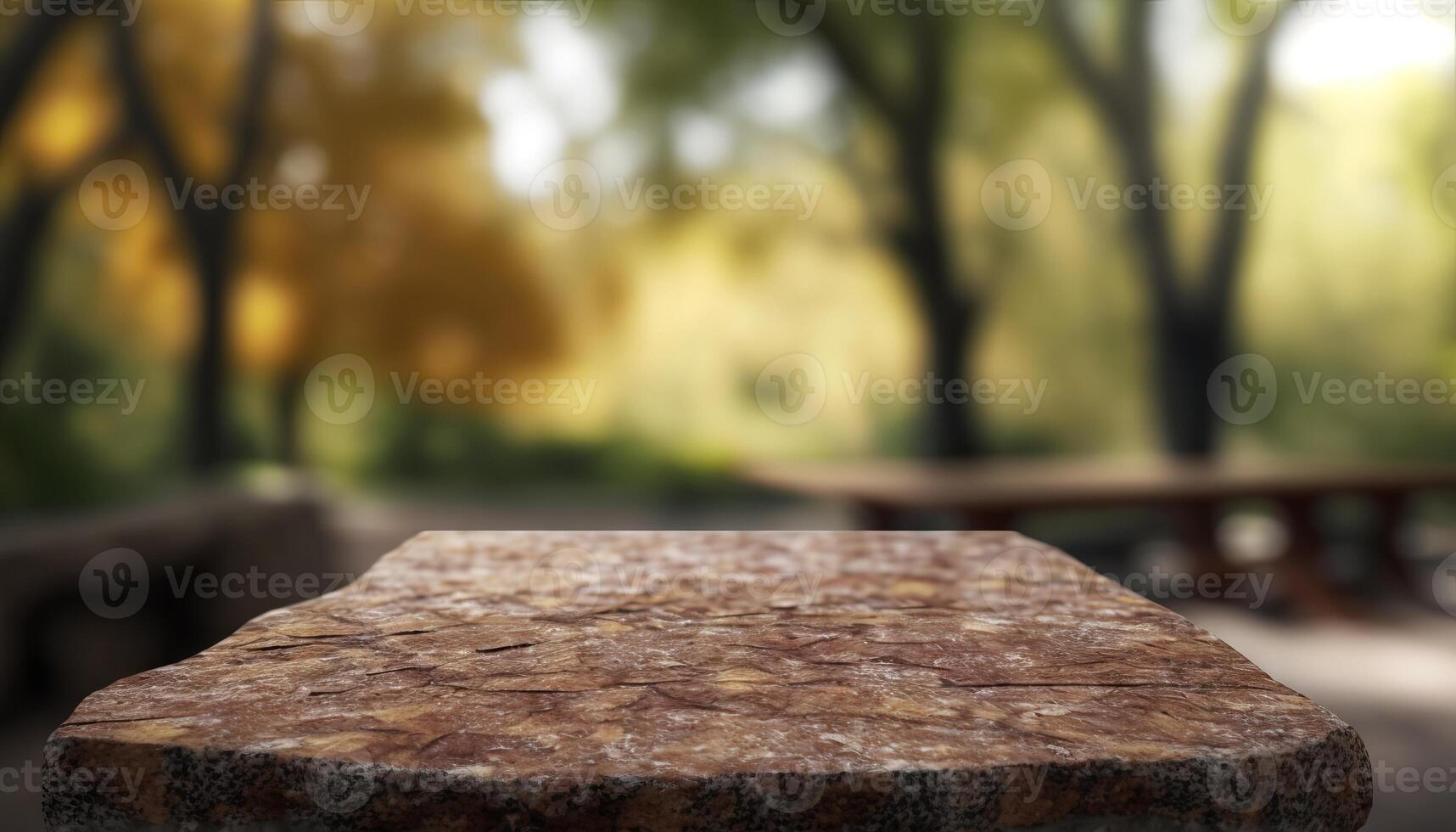 Roca tablero vacío mesa en frente de borroso antecedentes. perspectiva marrón Roca terminado difuminar arboles en bosque. generativo ai foto