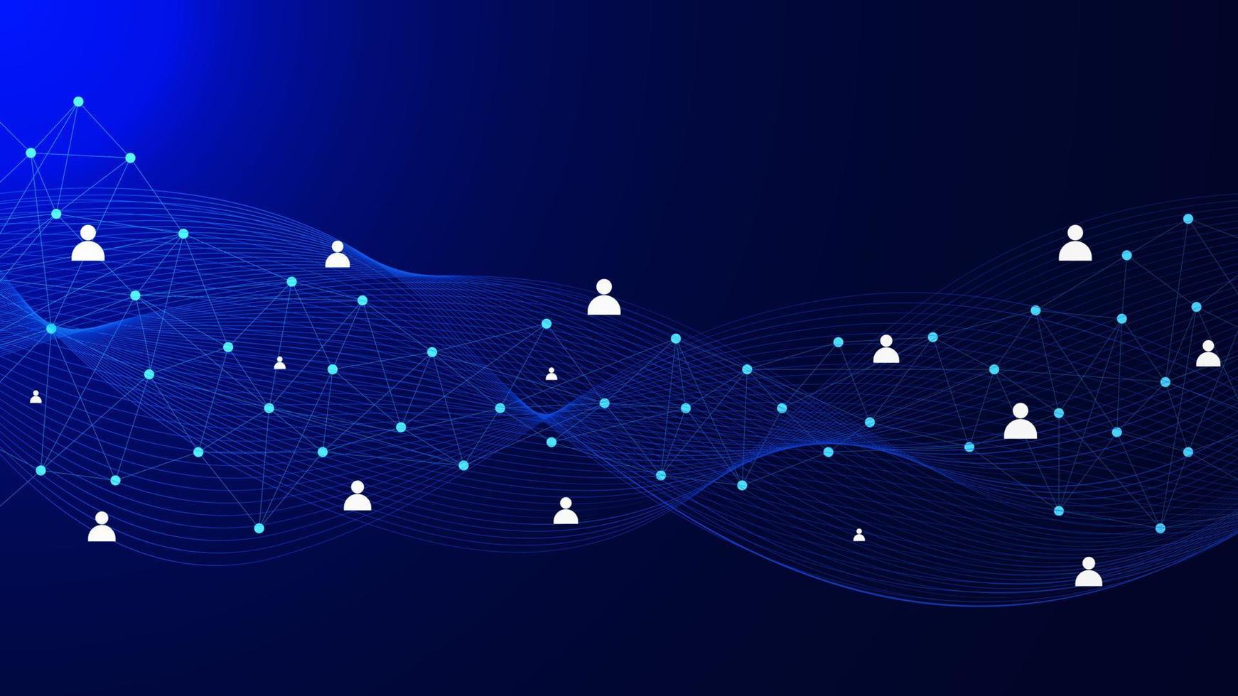 Abstract dots and lines connection with wave flow and people icons for global network communication concept background. Vector illustration.