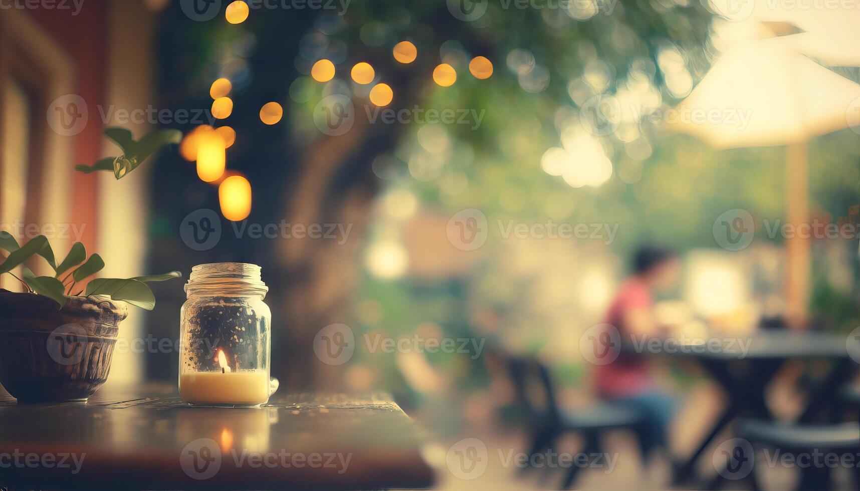 borroso antecedentes - café tienda en jardín difuminar antecedentes con Bokeh. generativo ai foto