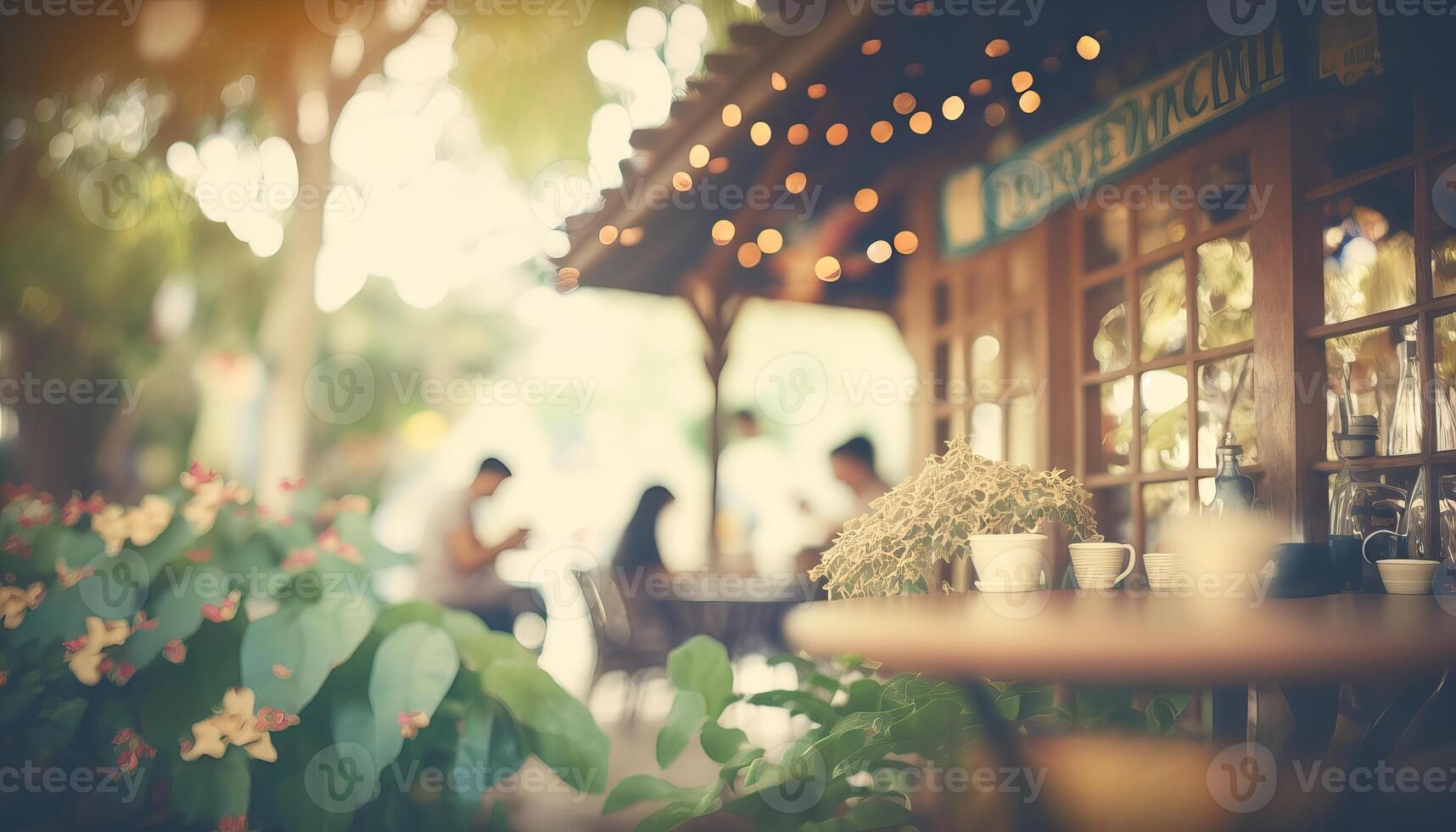 borroso antecedentes - café tienda en jardín difuminar antecedentes con Bokeh. generativo ai foto